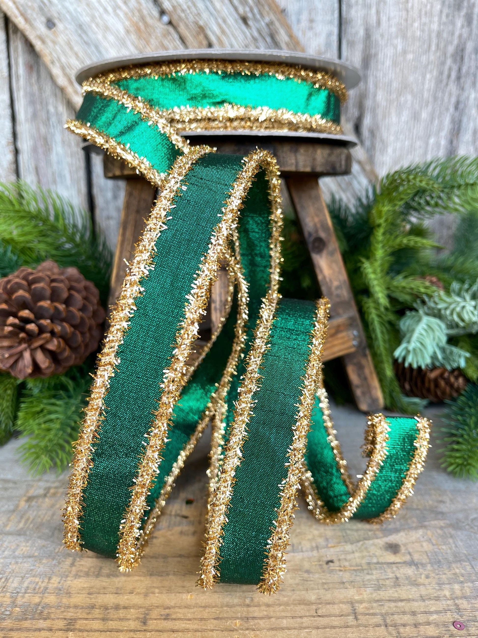 1" Emerald Green & Gold Tinsel Ribbon, Christmas Ribbon, Farrisilk ribbon, 1" x 10 yards
