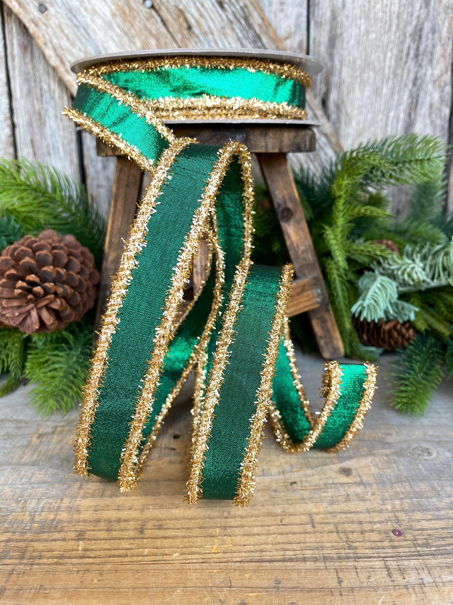 1" Emerald Green & Gold Tinsel Ribbon, Christmas Ribbon, Farrisilk ribbon, 1" x 10 yards