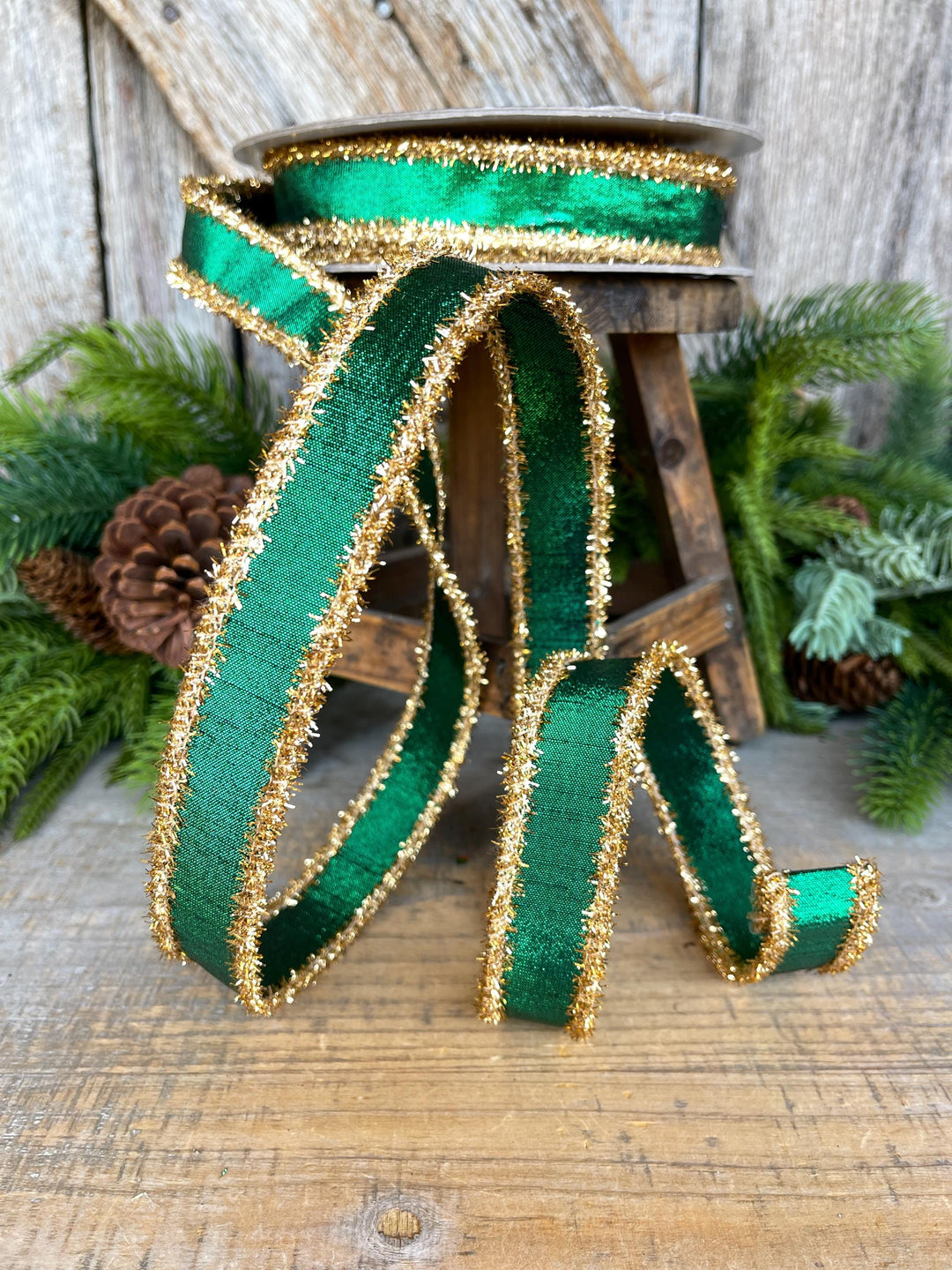 1" Emerald Green &amp; Gold Tinsel Ribbon, Christmas Ribbon, Farrisilk ribbon