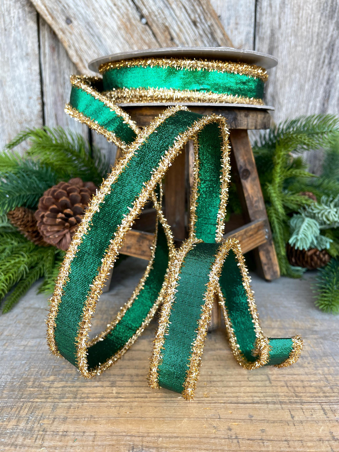 1" Emerald Green &amp; Gold Tinsel Ribbon, Christmas Ribbon, Farrisilk ribbon