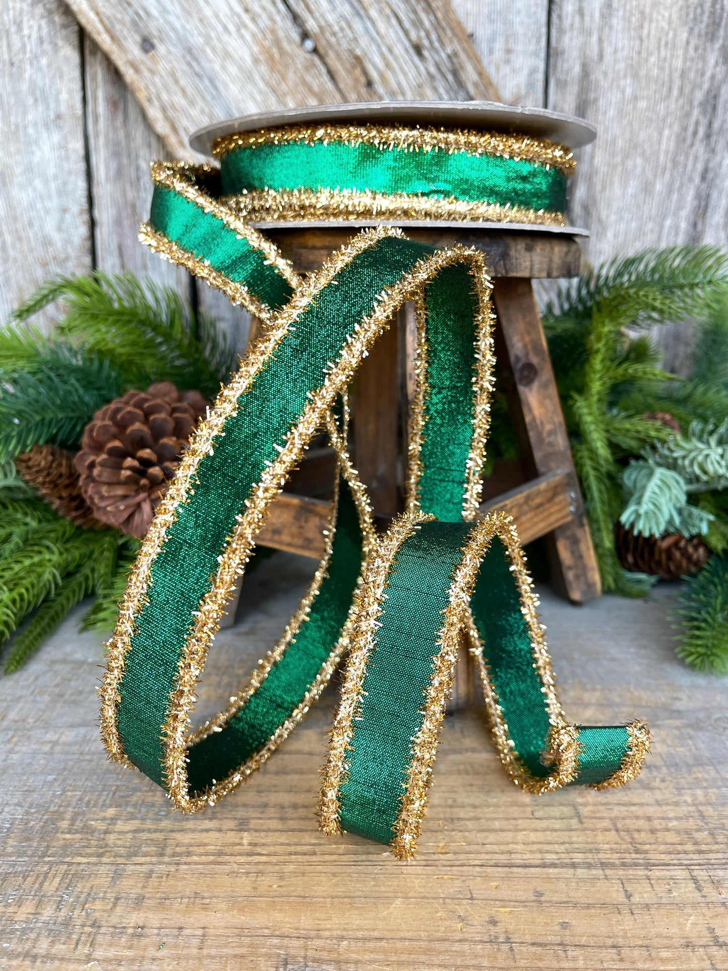 1" Emerald Green & Gold Tinsel Ribbon, Christmas Ribbon, Farrisilk ribbon