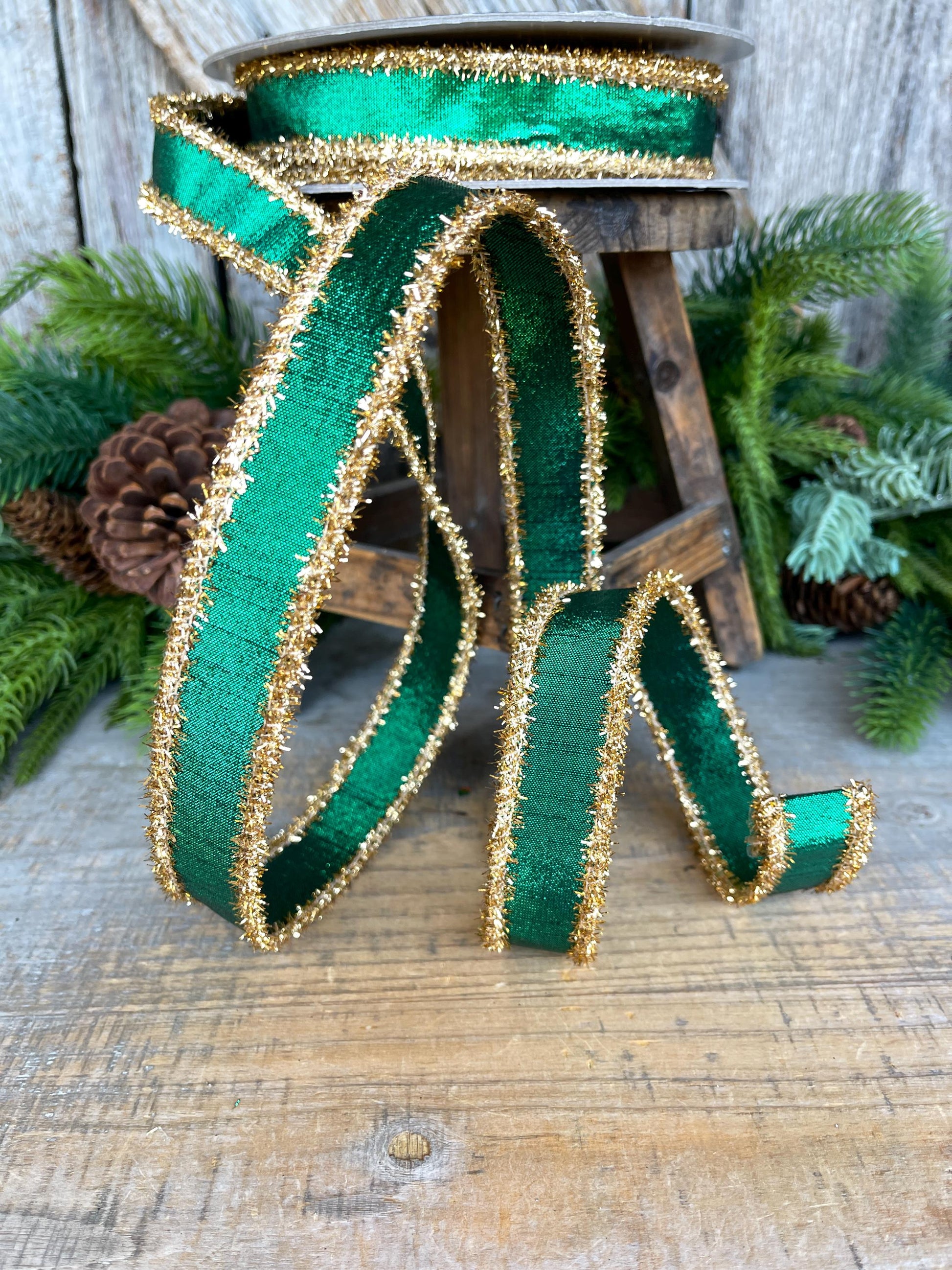 1" Emerald Green & Gold Tinsel Ribbon, Christmas Ribbon, Farrisilk ribbon, 1" x 10 yards