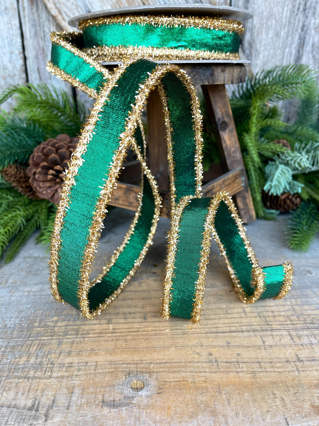 1" Emerald Green &amp; Gold Tinsel Ribbon, Christmas Ribbon, Farrisilk ribbon