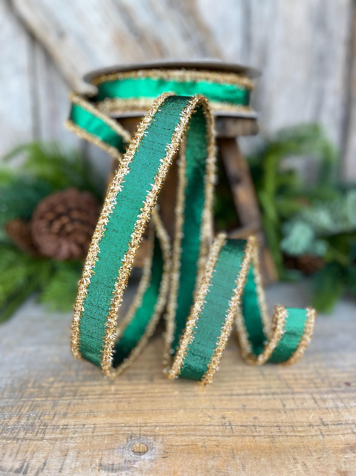 1" Emerald Green & Gold Tinsel Ribbon, Christmas Ribbon, Farrisilk ribbon