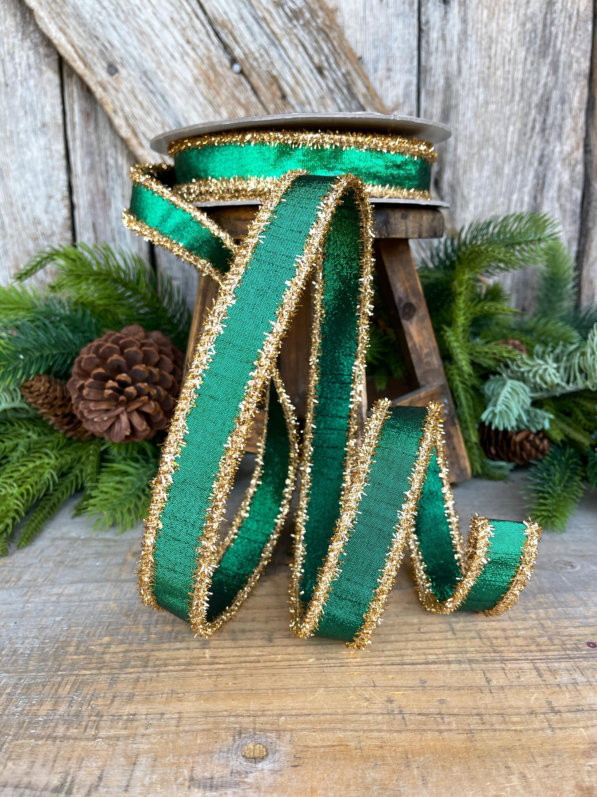 1" Emerald Green & Gold Tinsel Ribbon, Christmas Ribbon, Farrisilk ribbon, 1" x 10 yards