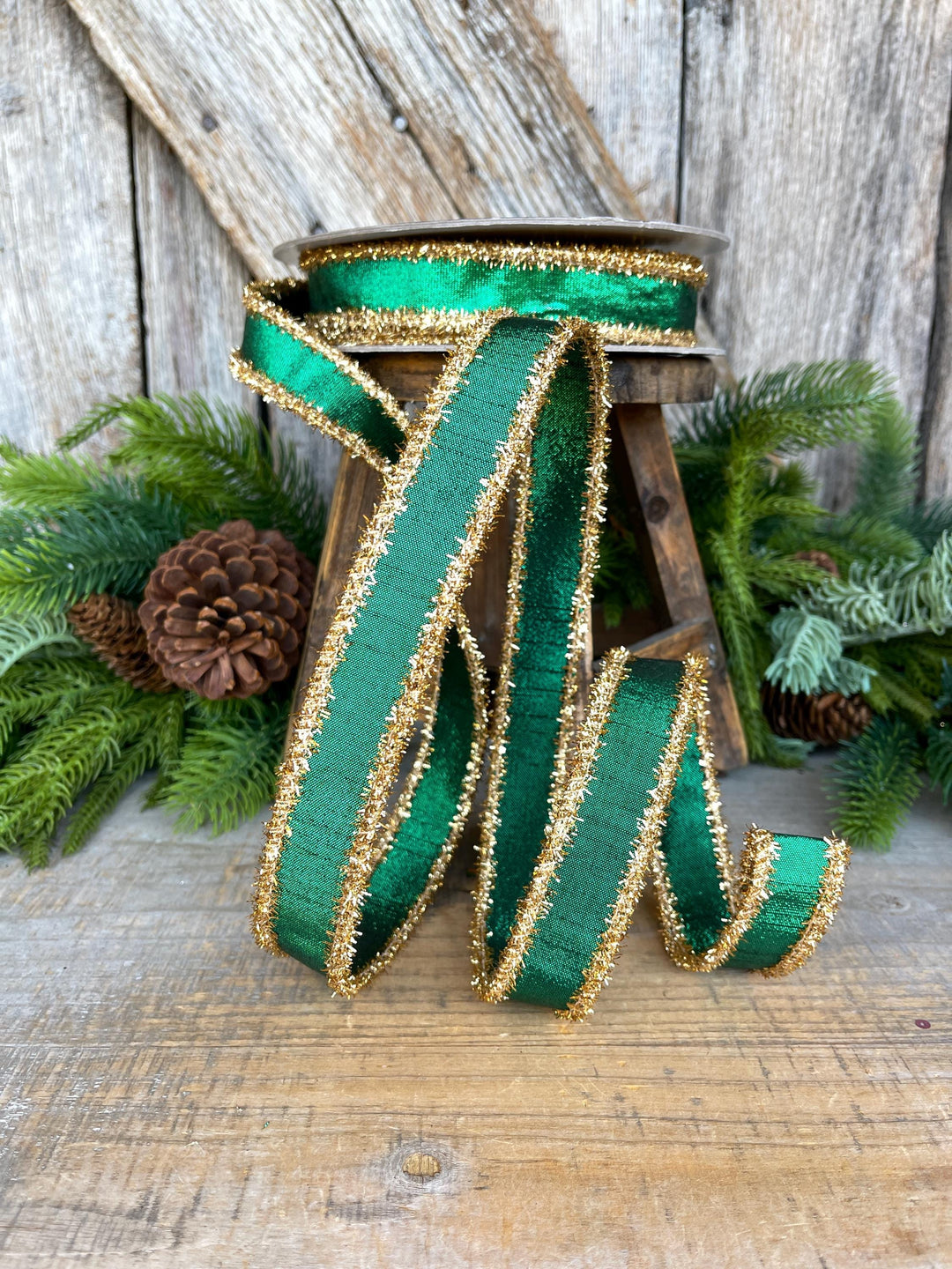 1" Emerald Green &amp; Gold Tinsel Ribbon, Christmas Ribbon, Farrisilk ribbon