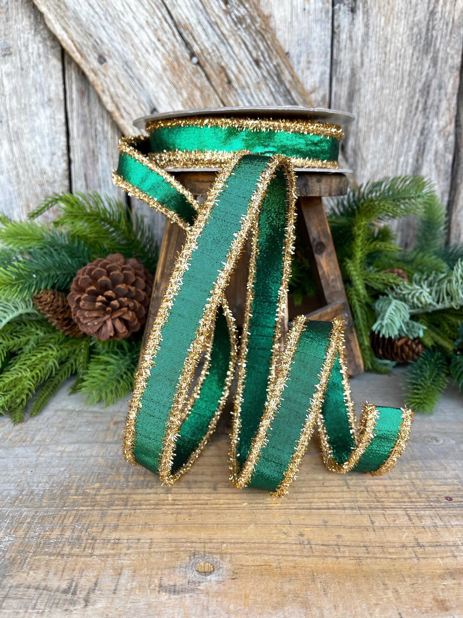 1" Emerald Green & Gold Tinsel Ribbon, Christmas Ribbon, Farrisilk ribbon, 1" x 10 yards