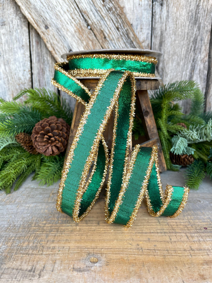 1" Emerald Green &amp; Gold Tinsel Ribbon, Christmas Ribbon, Farrisilk ribbon