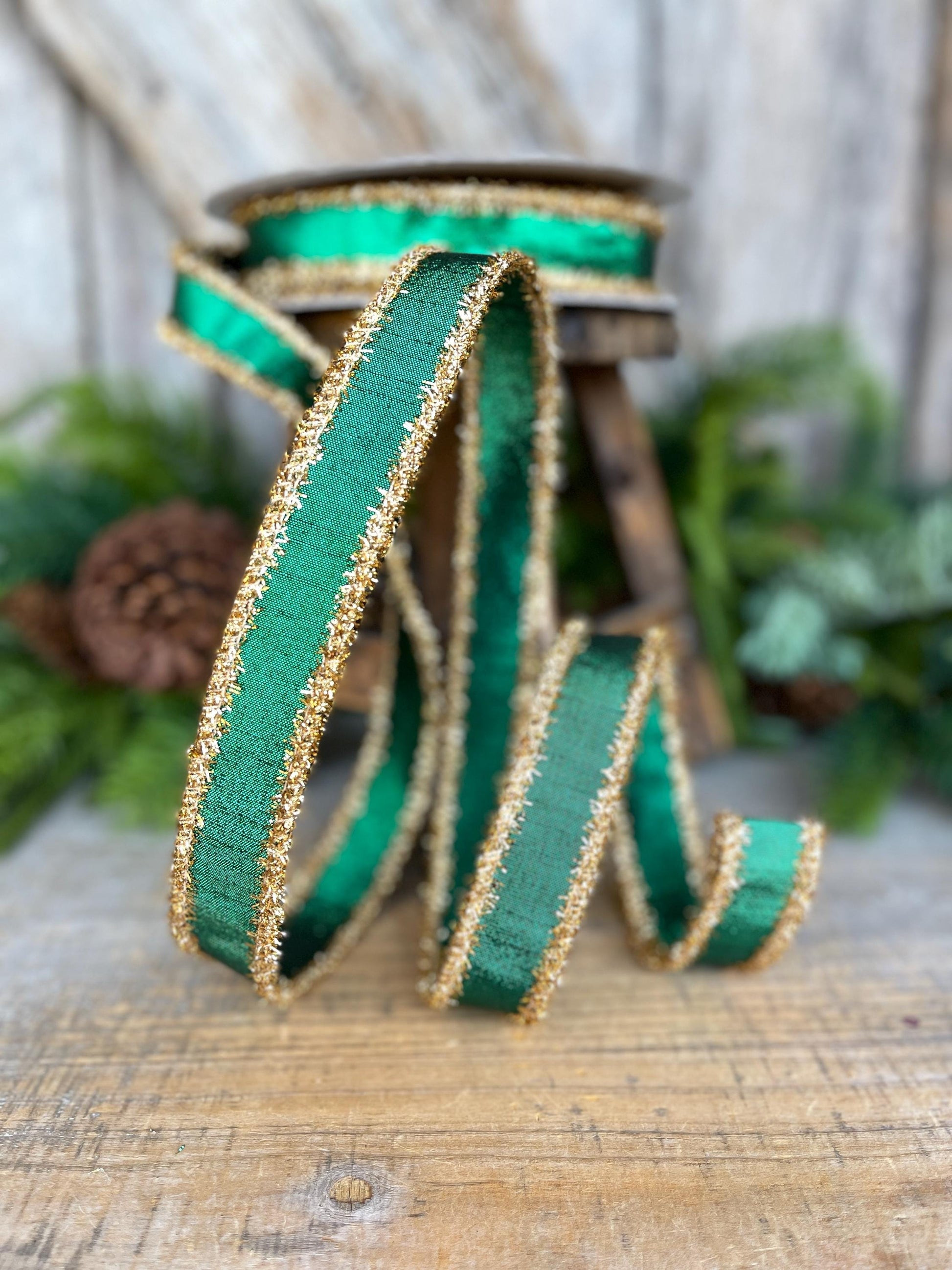 1" Emerald Green & Gold Tinsel Ribbon, Christmas Ribbon, Farrisilk ribbon, 1" x 10 yards