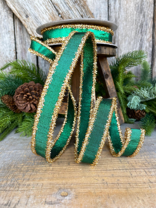 1" Emerald Green & Gold Tinsel Ribbon, Christmas Ribbon, Farrisilk ribbon