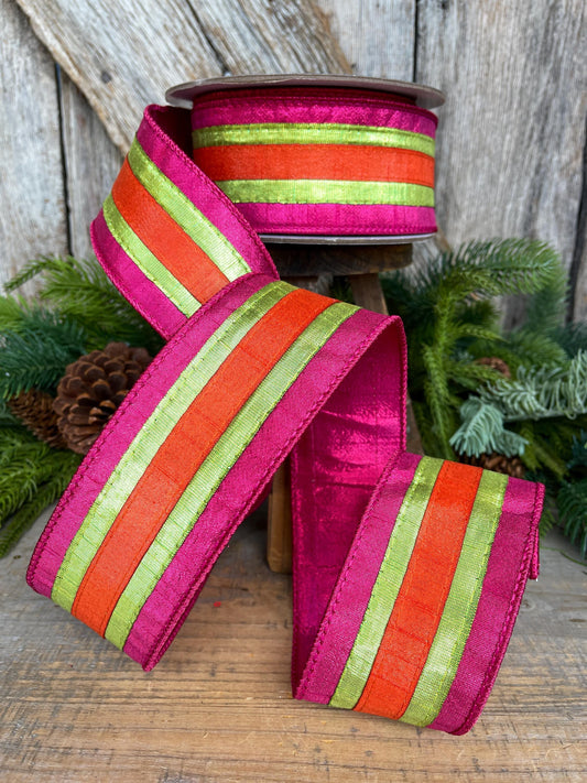 2.5" Christmas Striped Ribbon, Hot PInk Orange Ribbon, Farrisilk ribbon, 2.5" x 10yds, Classic Stripes, RK886-08