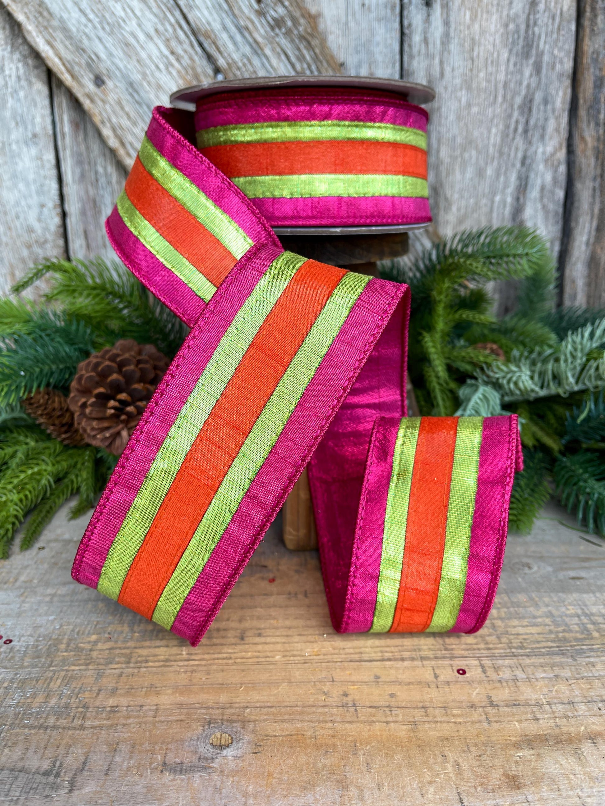 2.5" Christmas Striped Ribbon, Hot PInk Orange Ribbon, Farrisilk ribbon, 2.5" x 10yds, Classic Stripes, RK886-08
