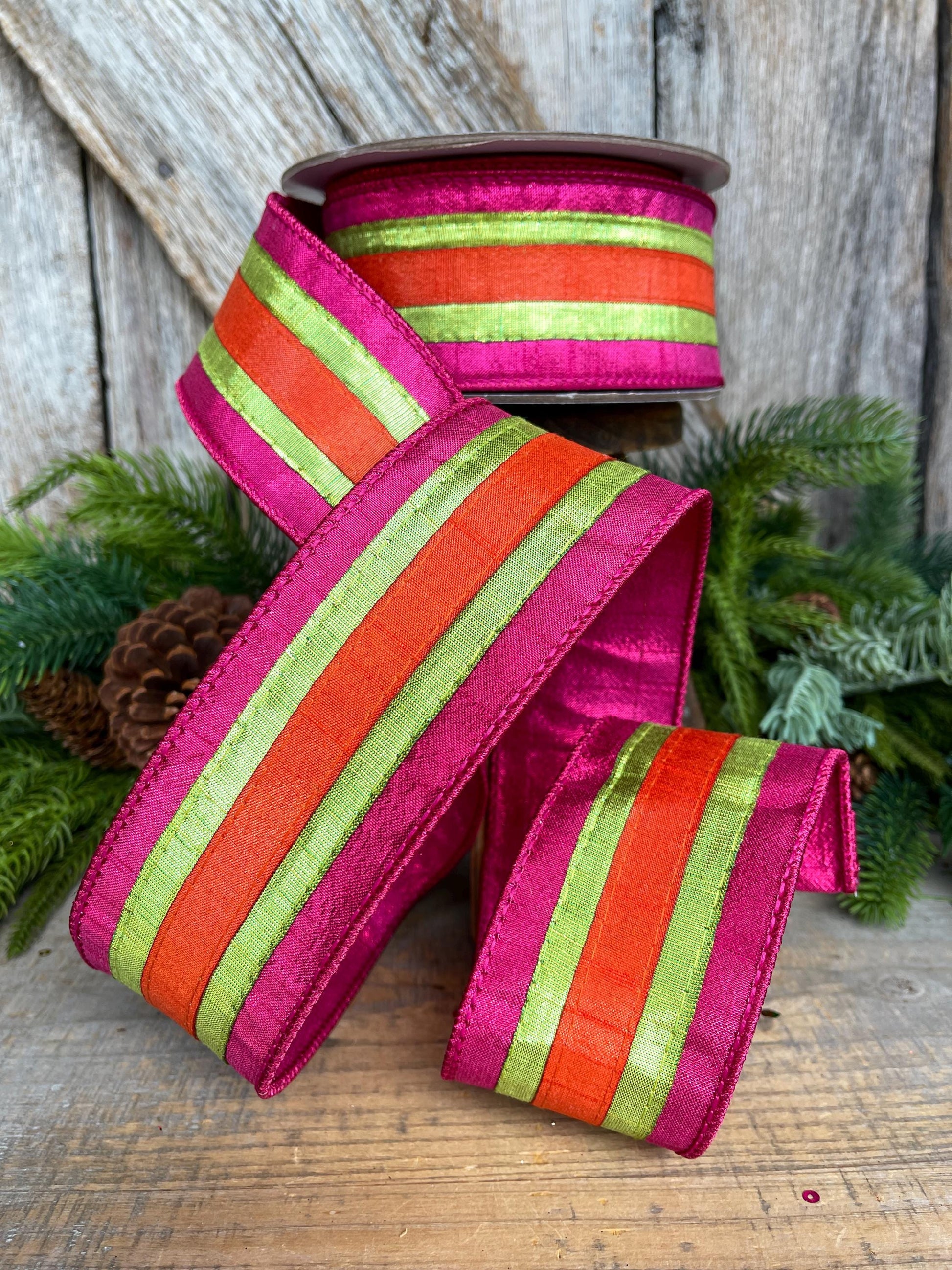 2.5" Christmas Striped Ribbon, Hot PInk Orange Ribbon, Farrisilk ribbon, 2.5" x 10yds, Classic Stripes, RK886-08