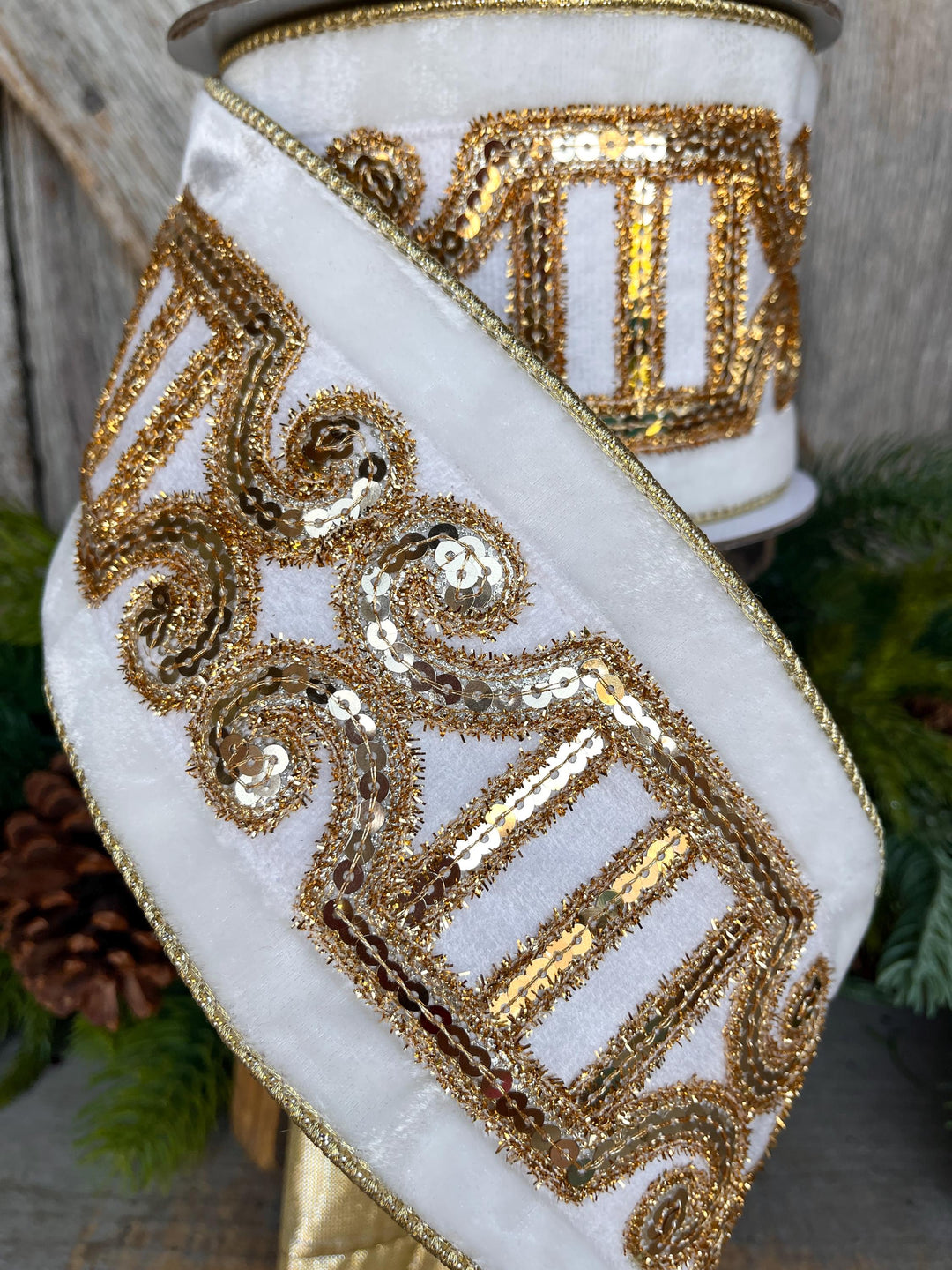 4" Ivory Velvet Ribbon, Ivory Gold Plush Nutcracker Ribbon, Farrisilk Ribbon