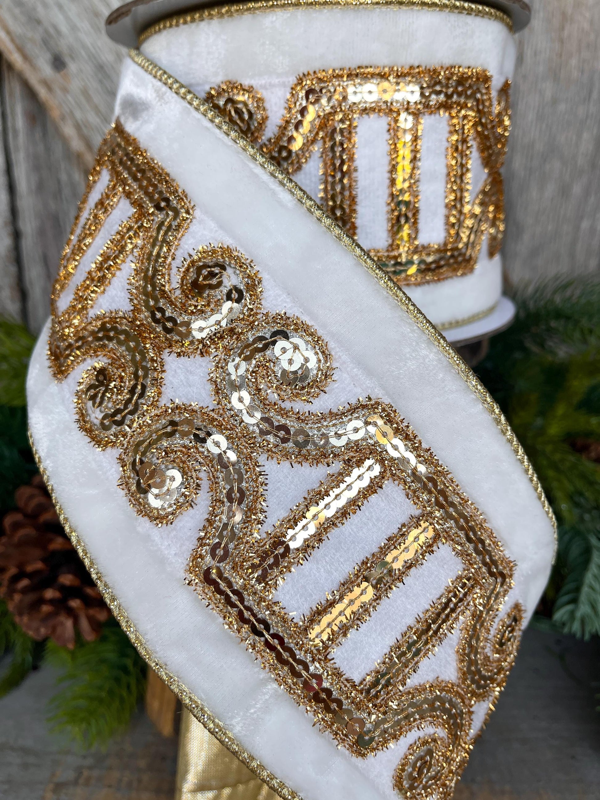 4" Ivory Velvet Ribbon, Ivory Gold Plush Nutcracker Ribbon, Farrisilk Ribbon, Ivory Christmas Ribbon, RK822-62