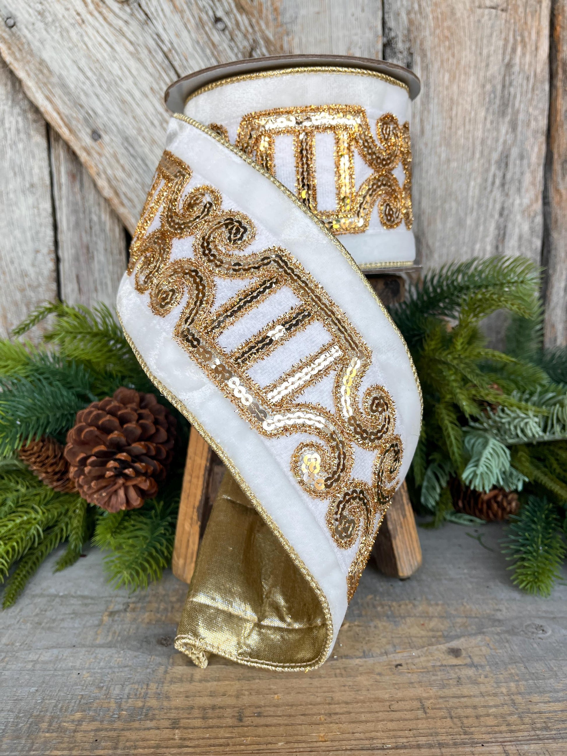 4" Ivory Velvet Ribbon, Ivory Gold Plush Nutcracker Ribbon, Farrisilk Ribbon, Ivory Christmas Ribbon, RK822-62