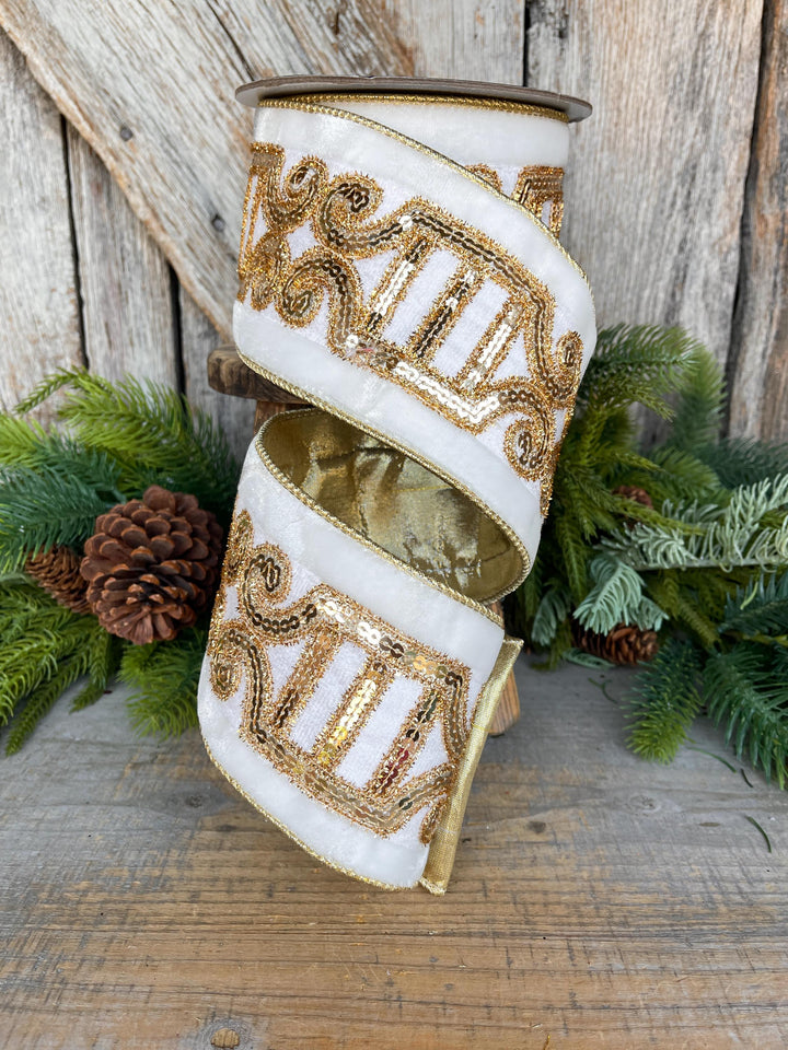 4" Ivory Velvet Ribbon, Ivory Gold Plush Nutcracker Ribbon, Farrisilk Ribbon
