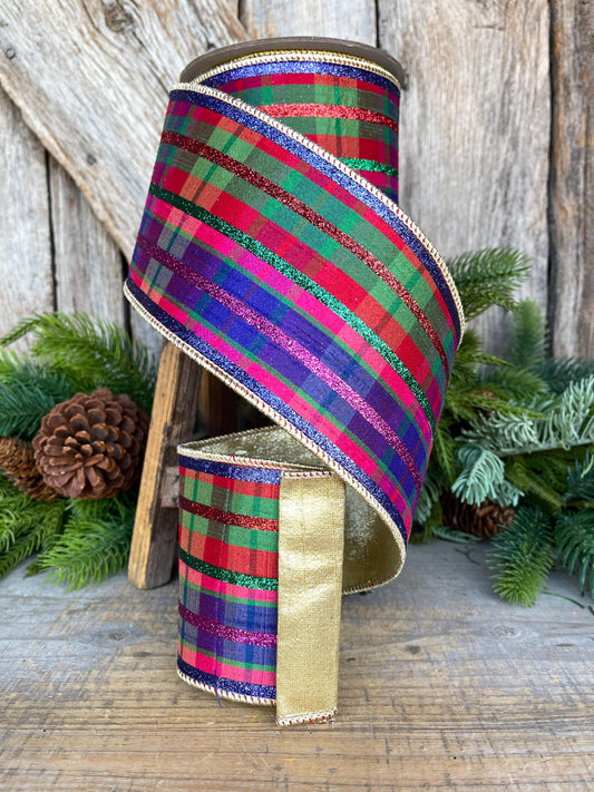 4" Christmas Glitter Plaid Ribbon, Farrisilk Ribbon, Christmas Designer Ribbon, RG796-32