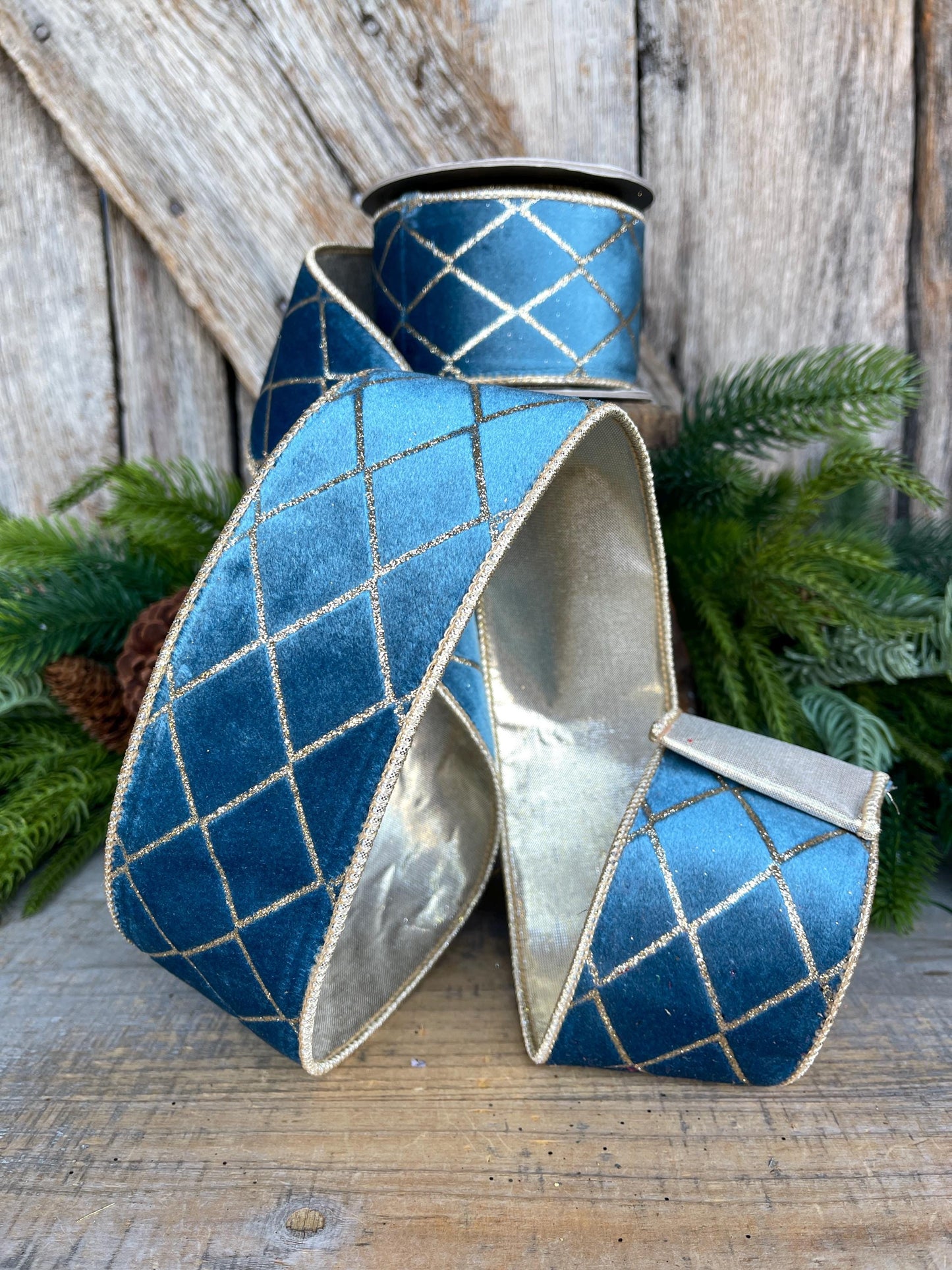 2.5" Dusty BLUE Metallic Diamonds Velvet Ribbon, Blue Christmas Ribbon