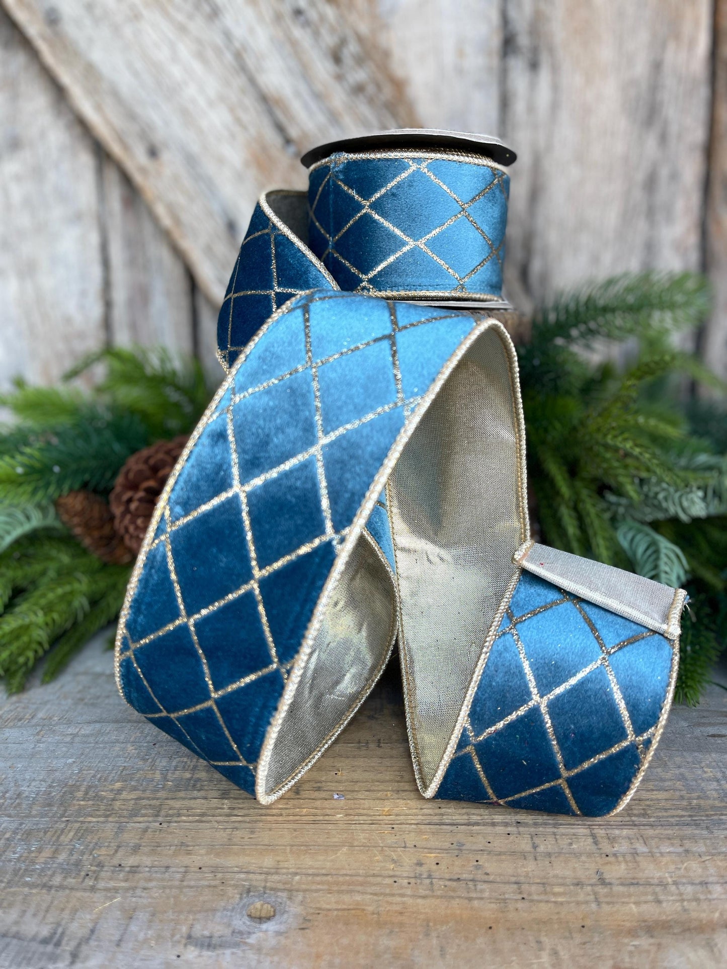 2.5" Dusty BLUE Metallic Diamonds Velvet Ribbon, Blue Christmas Ribbon