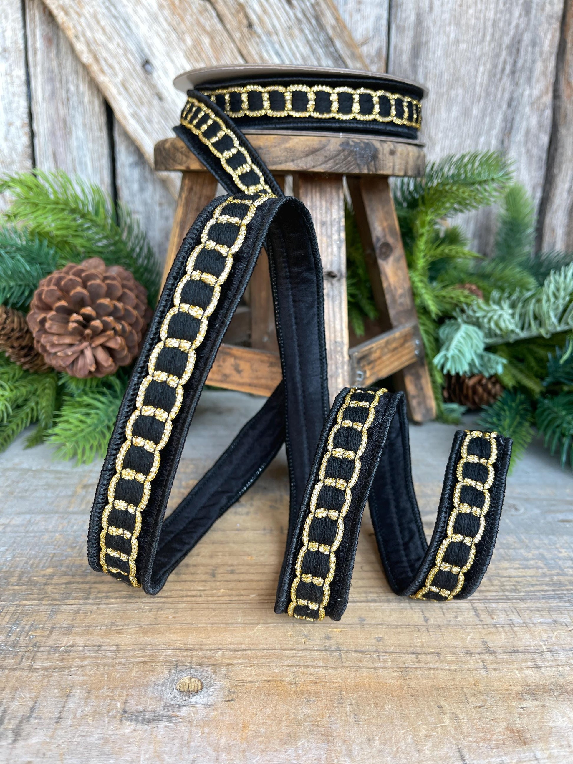 1" Black Gold Chain Ribbon, Farrisilk Ribbon, Beverly Chain Ribbon, Christmas Ribbon, RC270-92