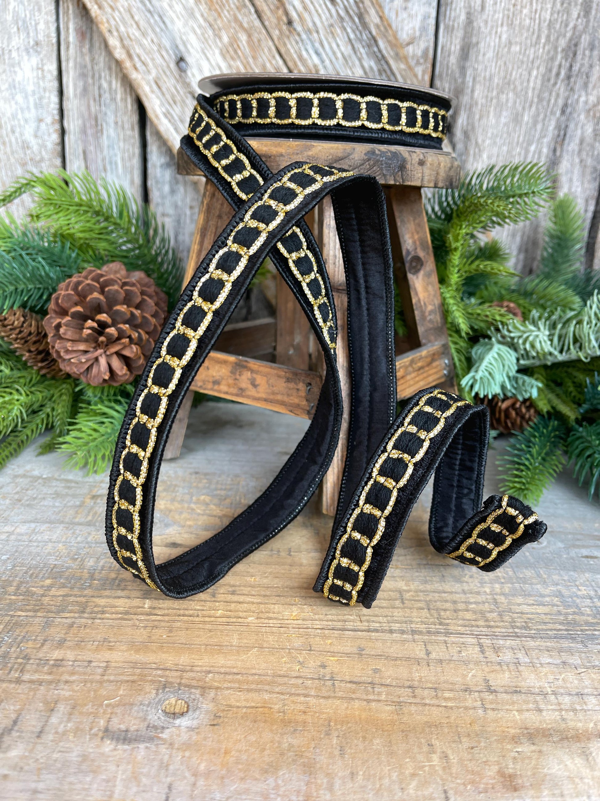 1" Black Gold Chain Ribbon, Farrisilk Ribbon, Beverly Chain Ribbon, Christmas Ribbon, RC270-92