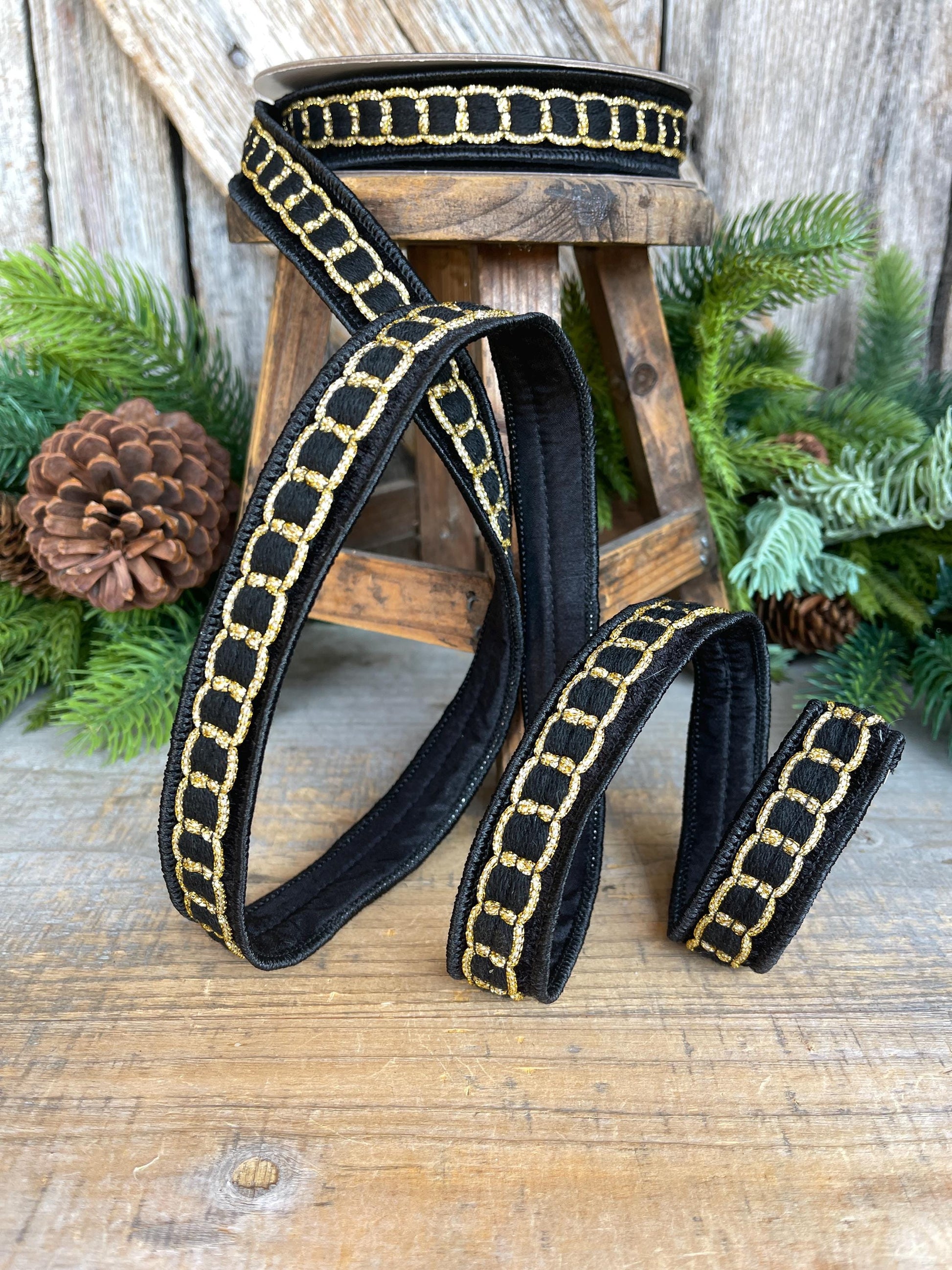 1" Black Gold Chain Ribbon, Farrisilk Ribbon, Beverly Chain Ribbon, Christmas Ribbon, RC270-92