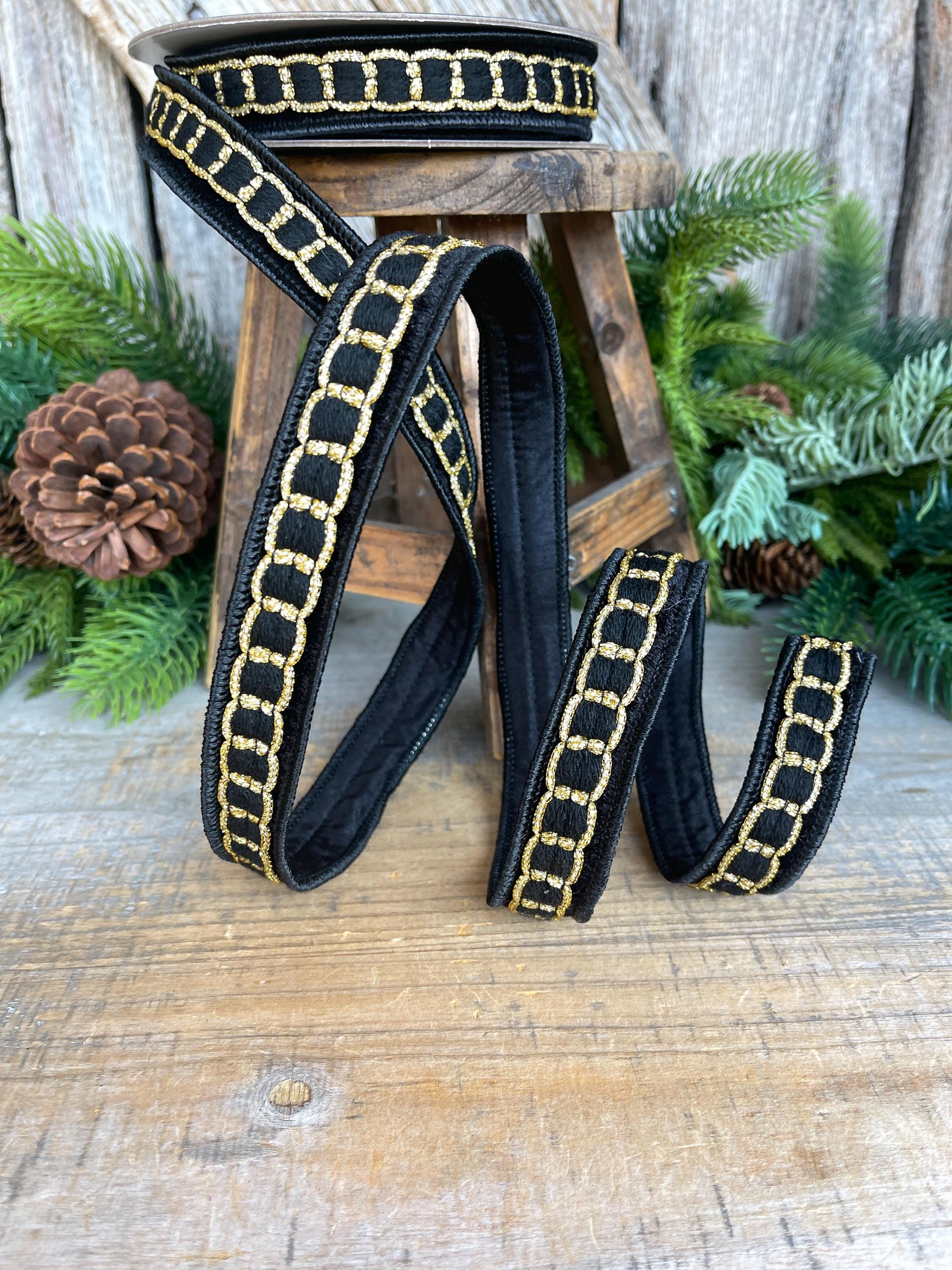 1" Black Gold Chain Ribbon, Farrisilk Ribbon, Beverly Chain Ribbon, Christmas Ribbon, RC270-92