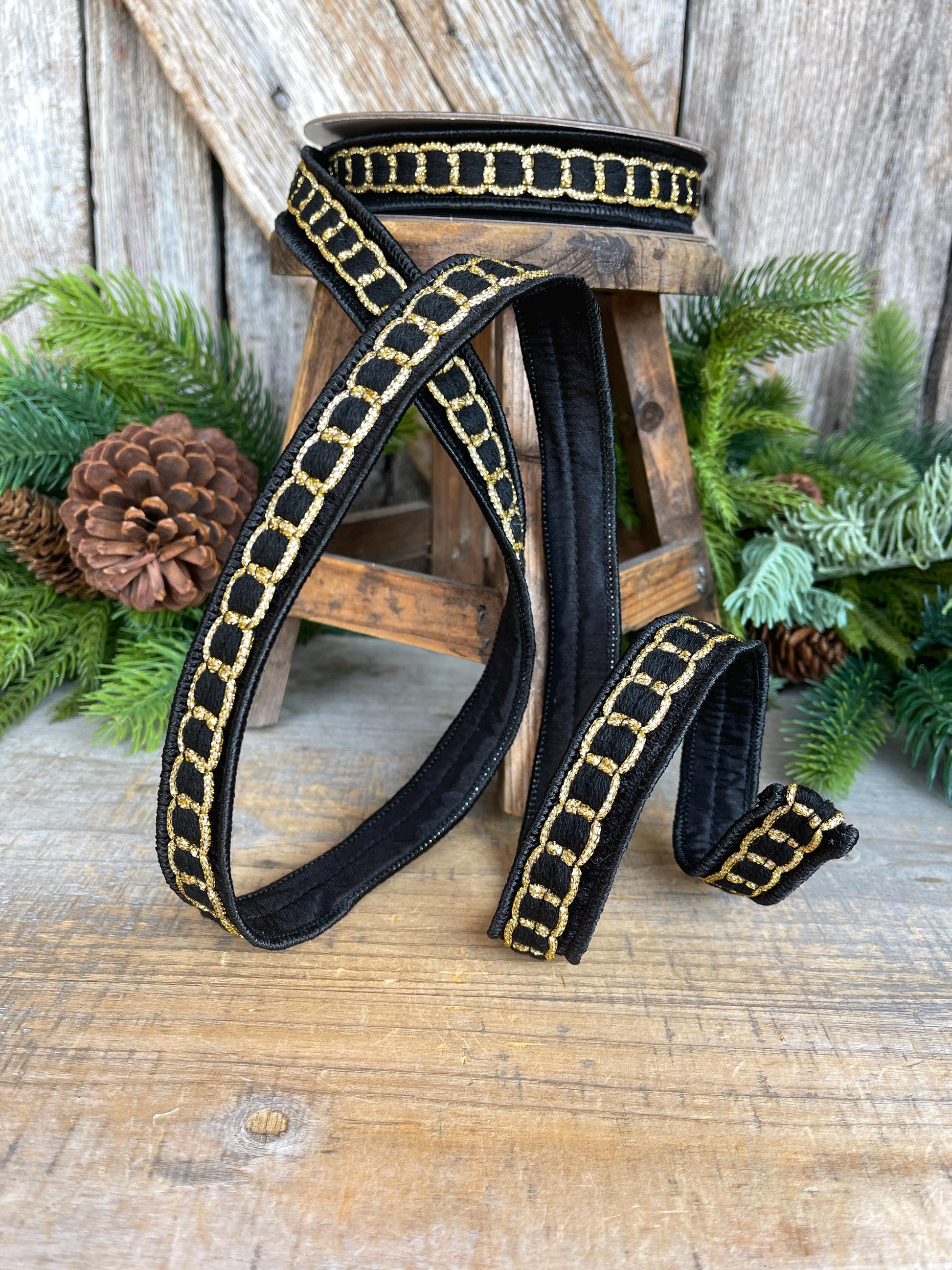 1" Black Gold Chain Ribbon, Farrisilk Ribbon, Beverly Chain Ribbon, Christmas Ribbon, RC270-92