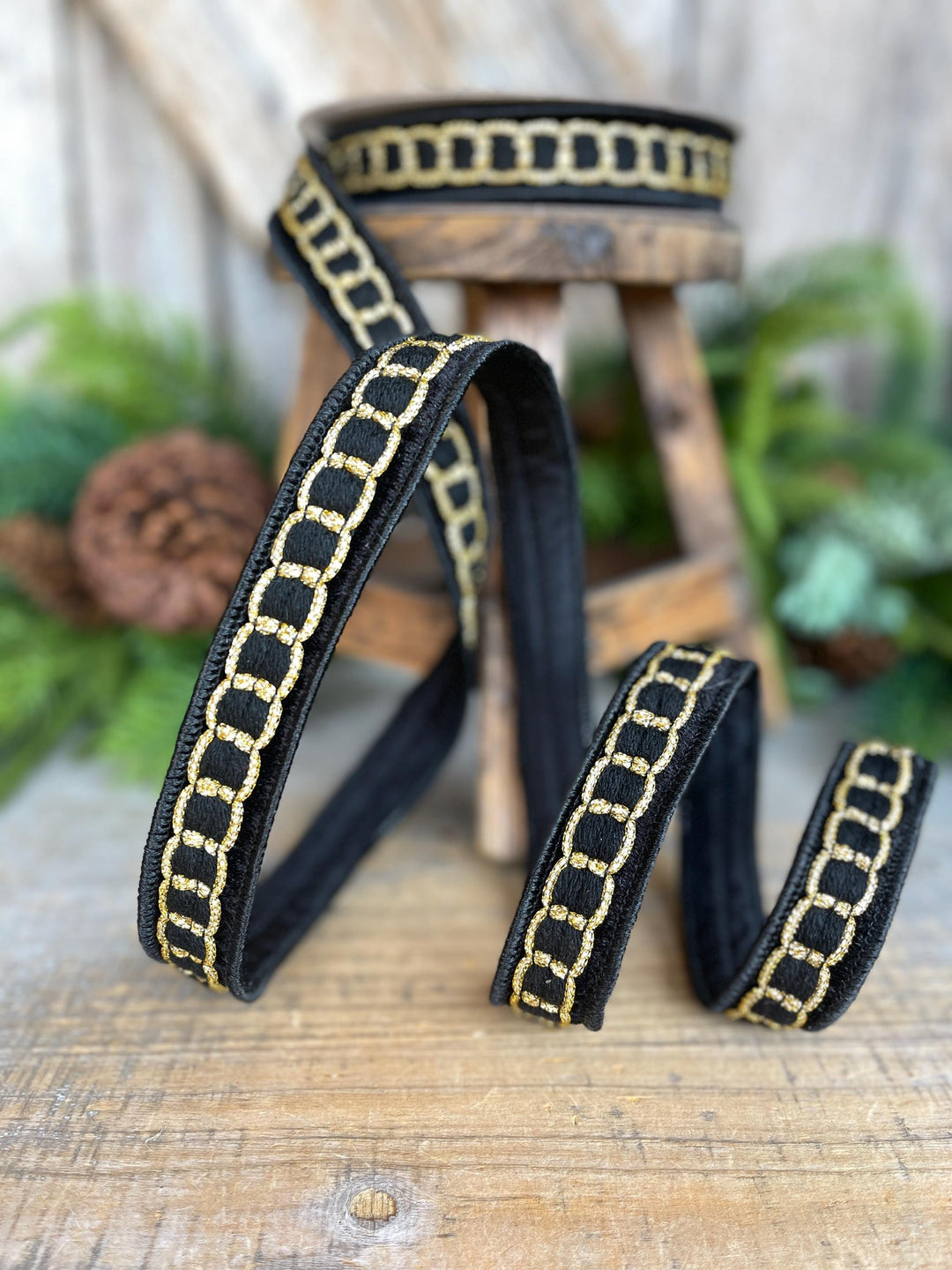 1" Black Gold Chain Ribbon, Farrisilk Ribbon, Beverly Chain Ribbon