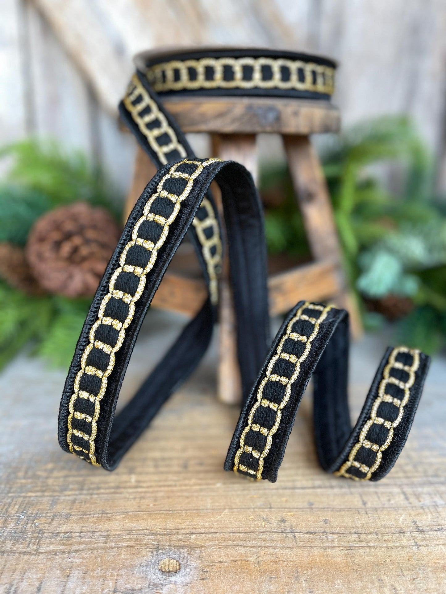 1" Black Gold Chain Ribbon, Farrisilk Ribbon, Beverly Chain Ribbon