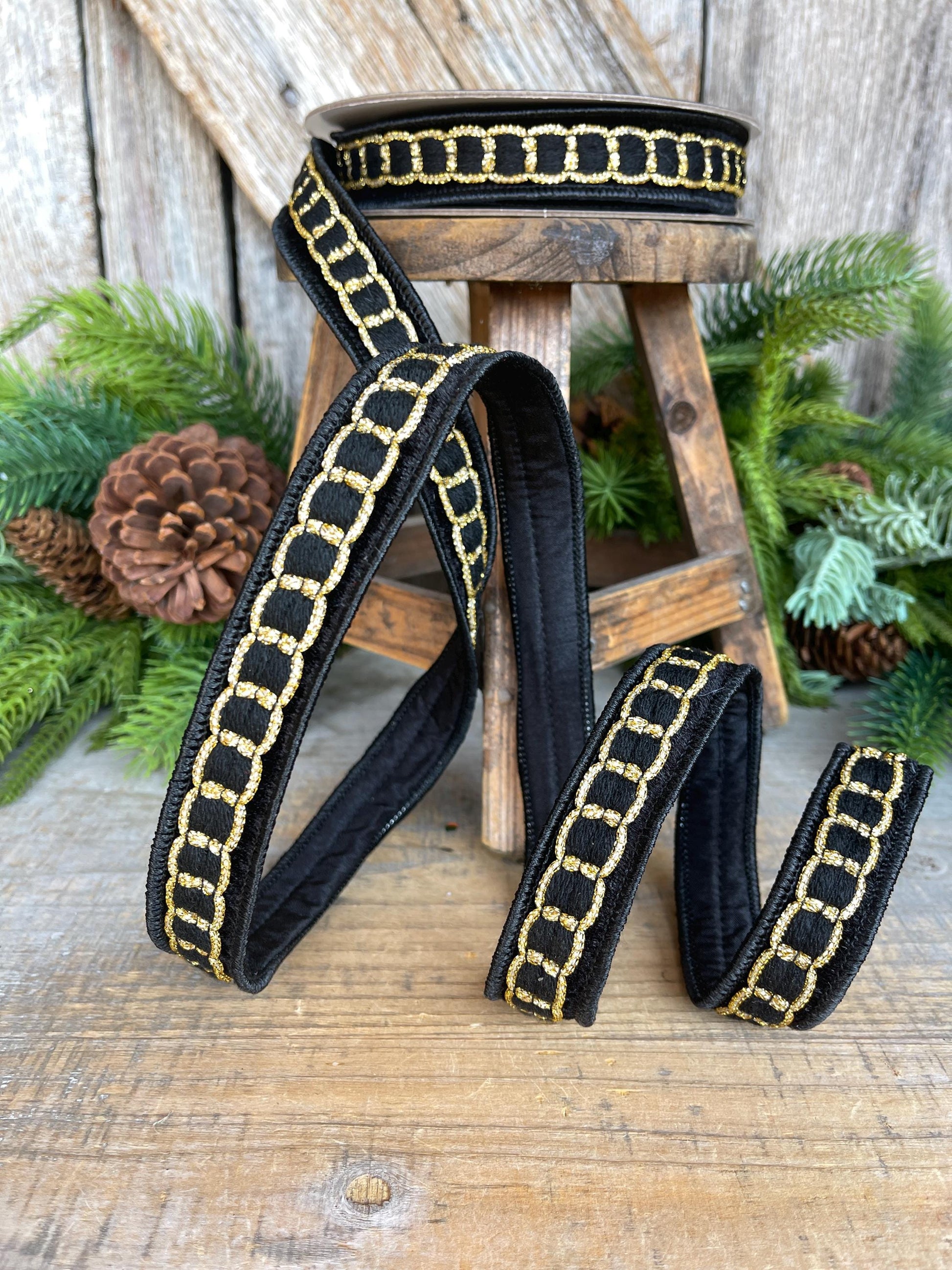 1" Black Gold Chain Ribbon, Farrisilk Ribbon, Beverly Chain Ribbon, Christmas Ribbon, RC270-92