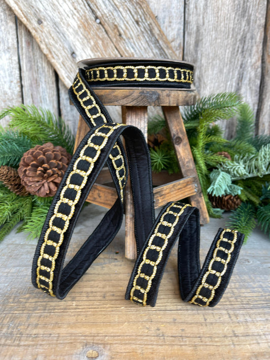 1" Black Gold Chain Ribbon, Farrisilk Ribbon, Beverly Chain Ribbon