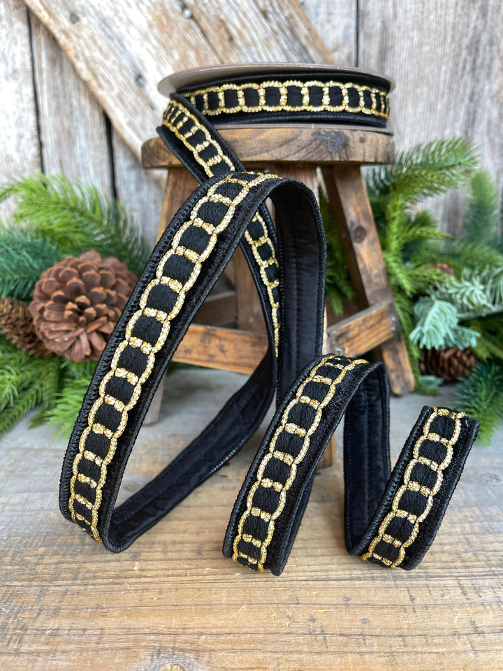 1" Black Gold Chain Ribbon, Farrisilk Ribbon, Beverly Chain Ribbon