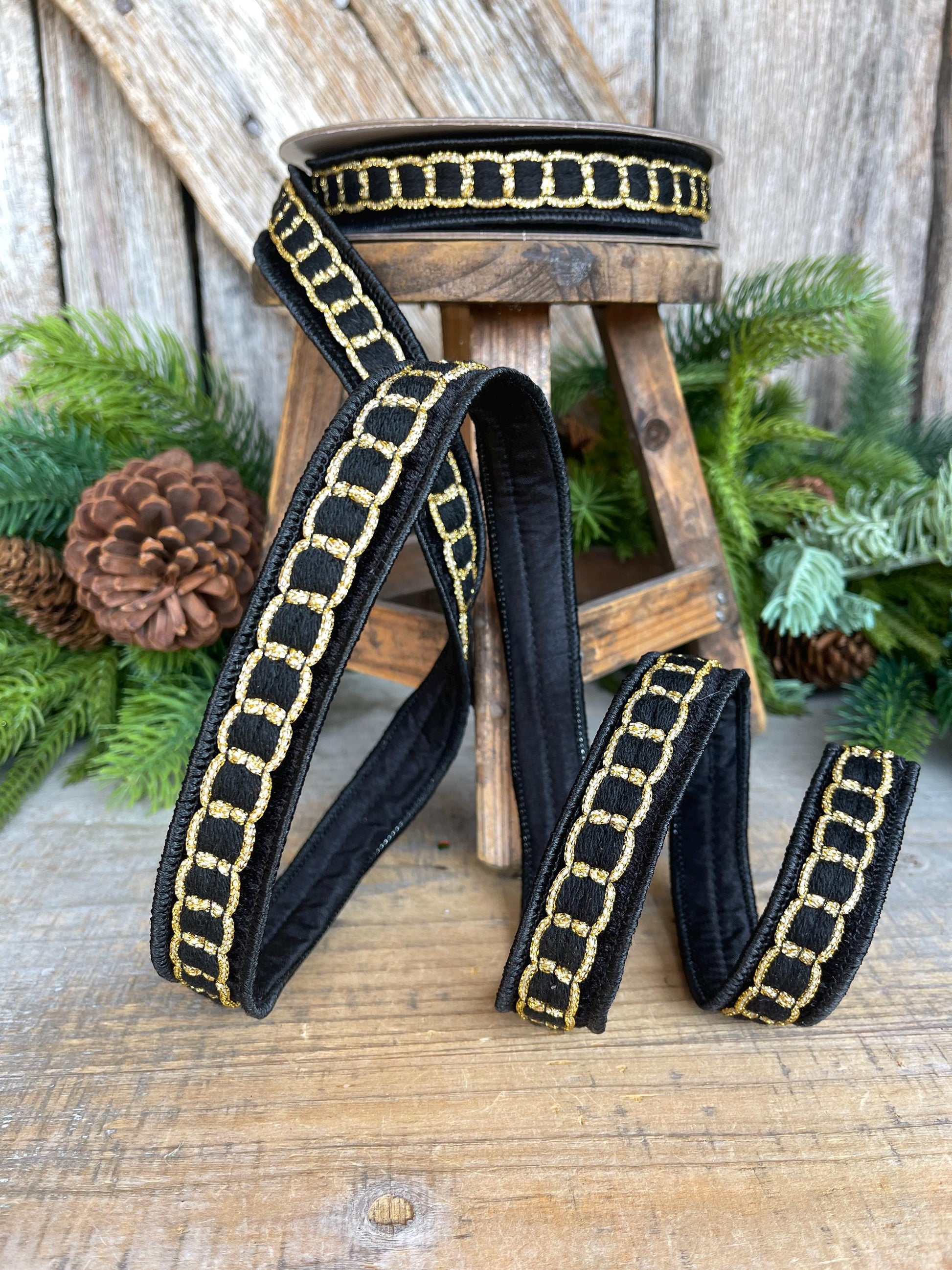 1" Black Gold Chain Ribbon, Farrisilk Ribbon, Beverly Chain Ribbon, Christmas Ribbon, RC270-92