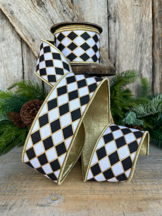 2.5" Black and White Harlequin Ribbon, Christmas Ribbon