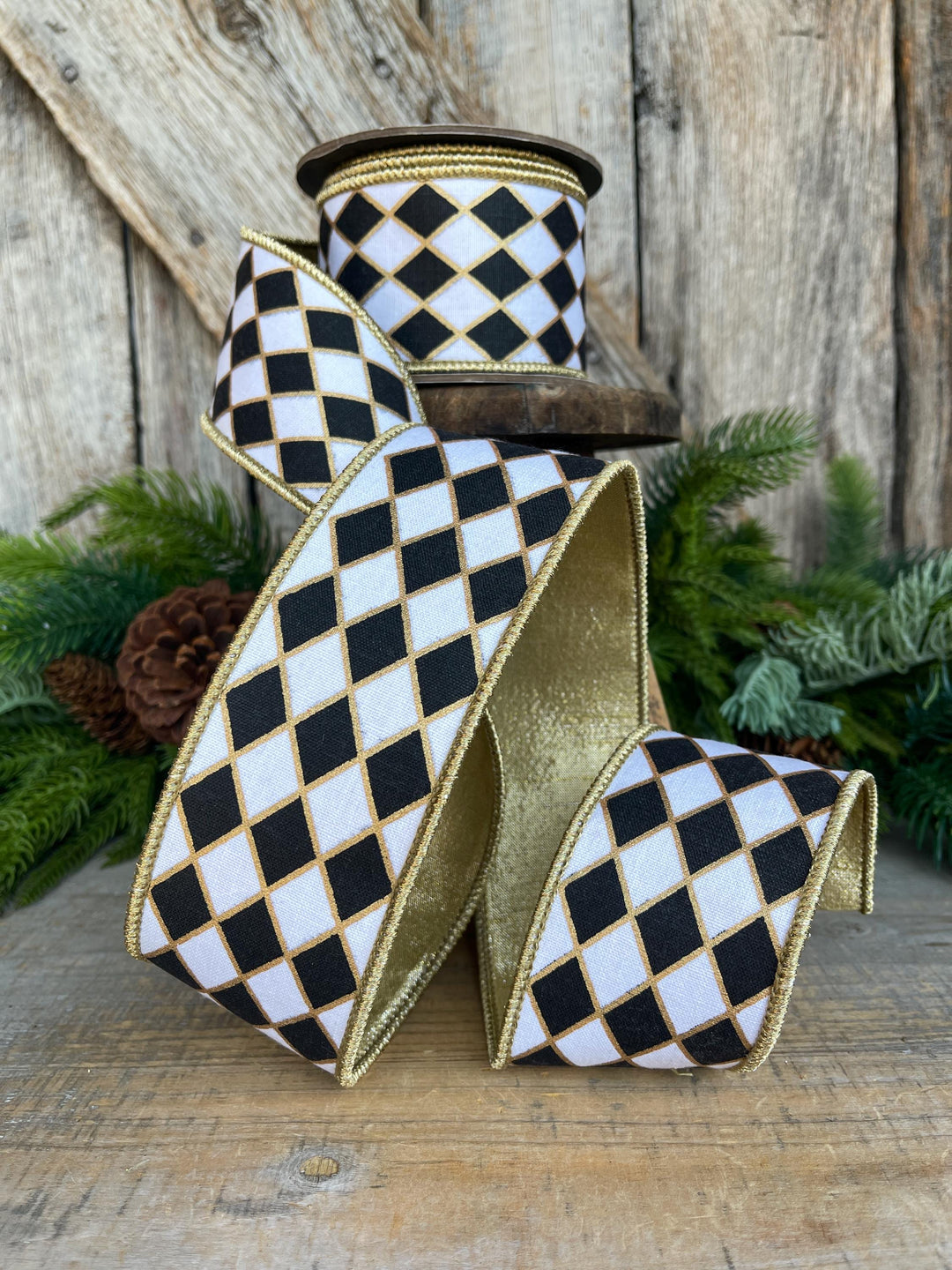 2.5" Black and White Harlequin Ribbon, Christmas Ribbon