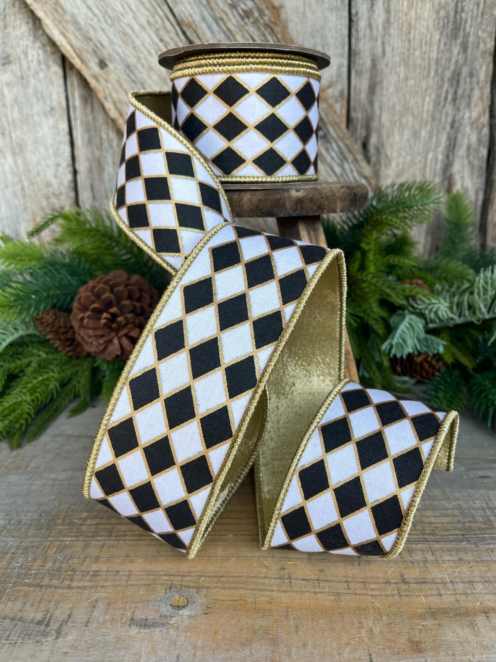 2.5" Black and White Harlequin Ribbon, Christmas Ribbon