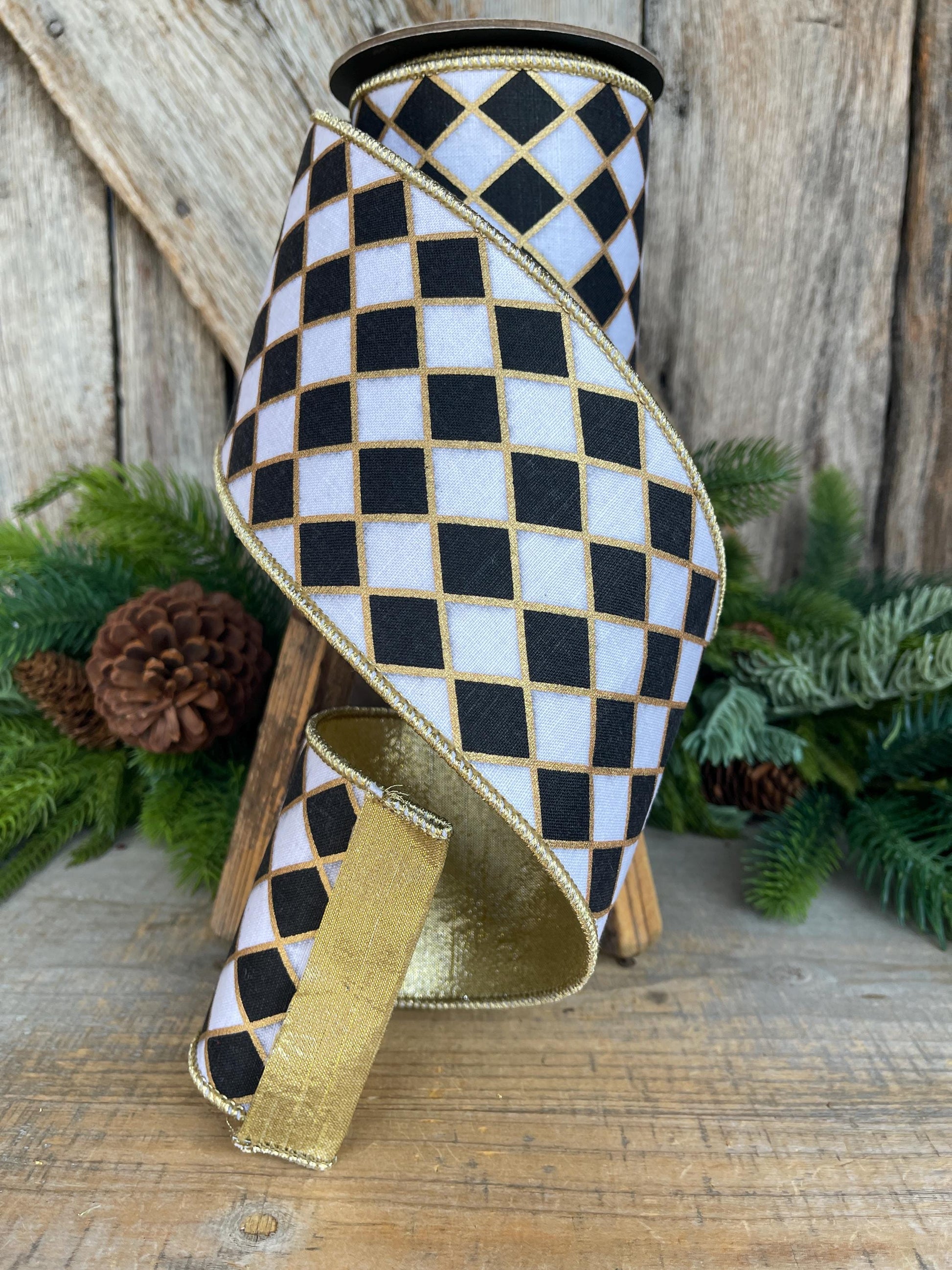4" Black and White Harlequin Ribbon, Christmas Ribbon