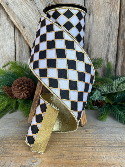 4" Black and White Harlequin Ribbon, Christmas Ribbon