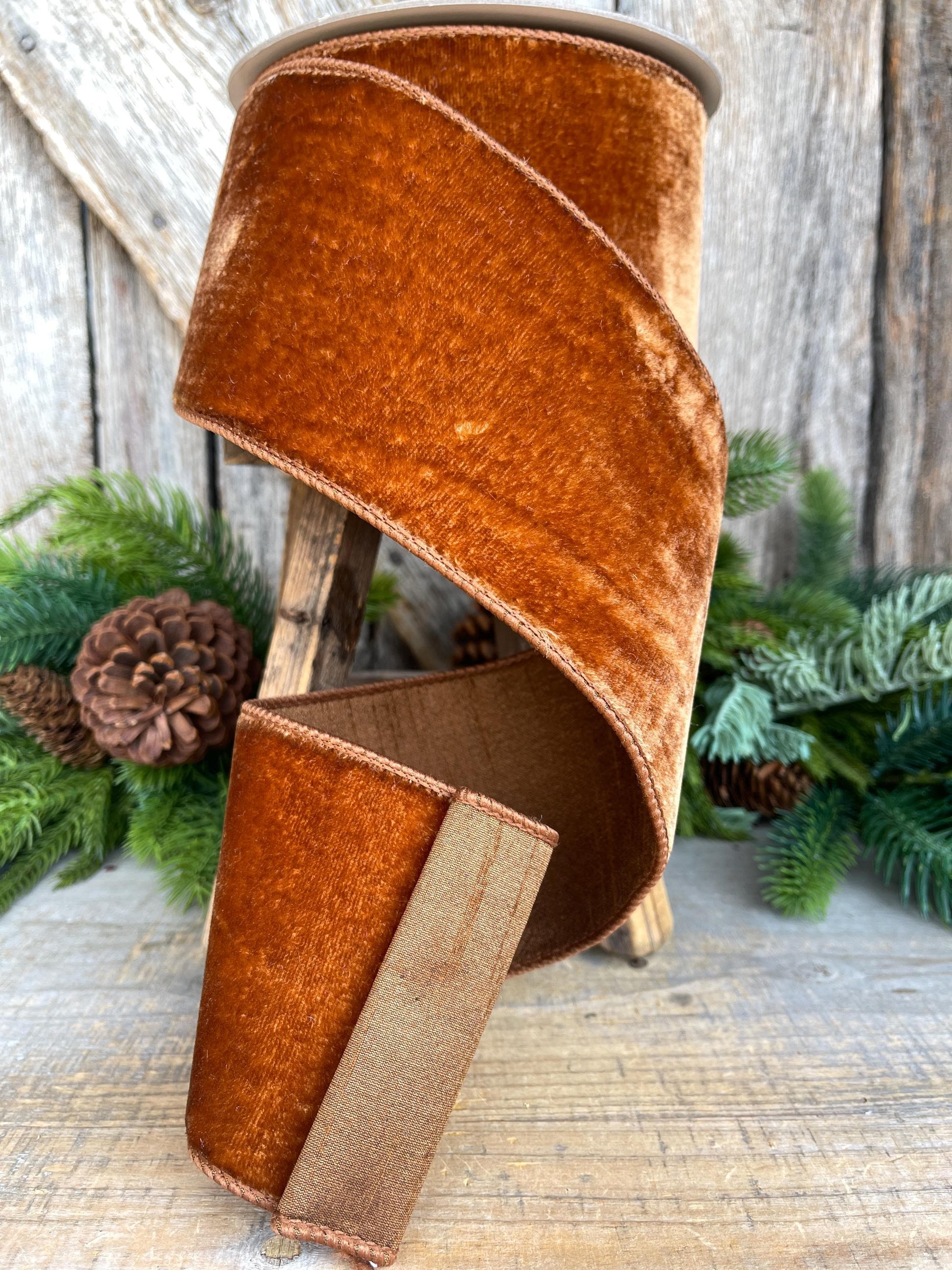 4” Pecan Brown Velvet Ribbon, Farrisilk ribbon, Velvet ribbon, Christmas Ribbon, Wired Ribbon, wood ribbon, Velvet ribbon, Christmas tree