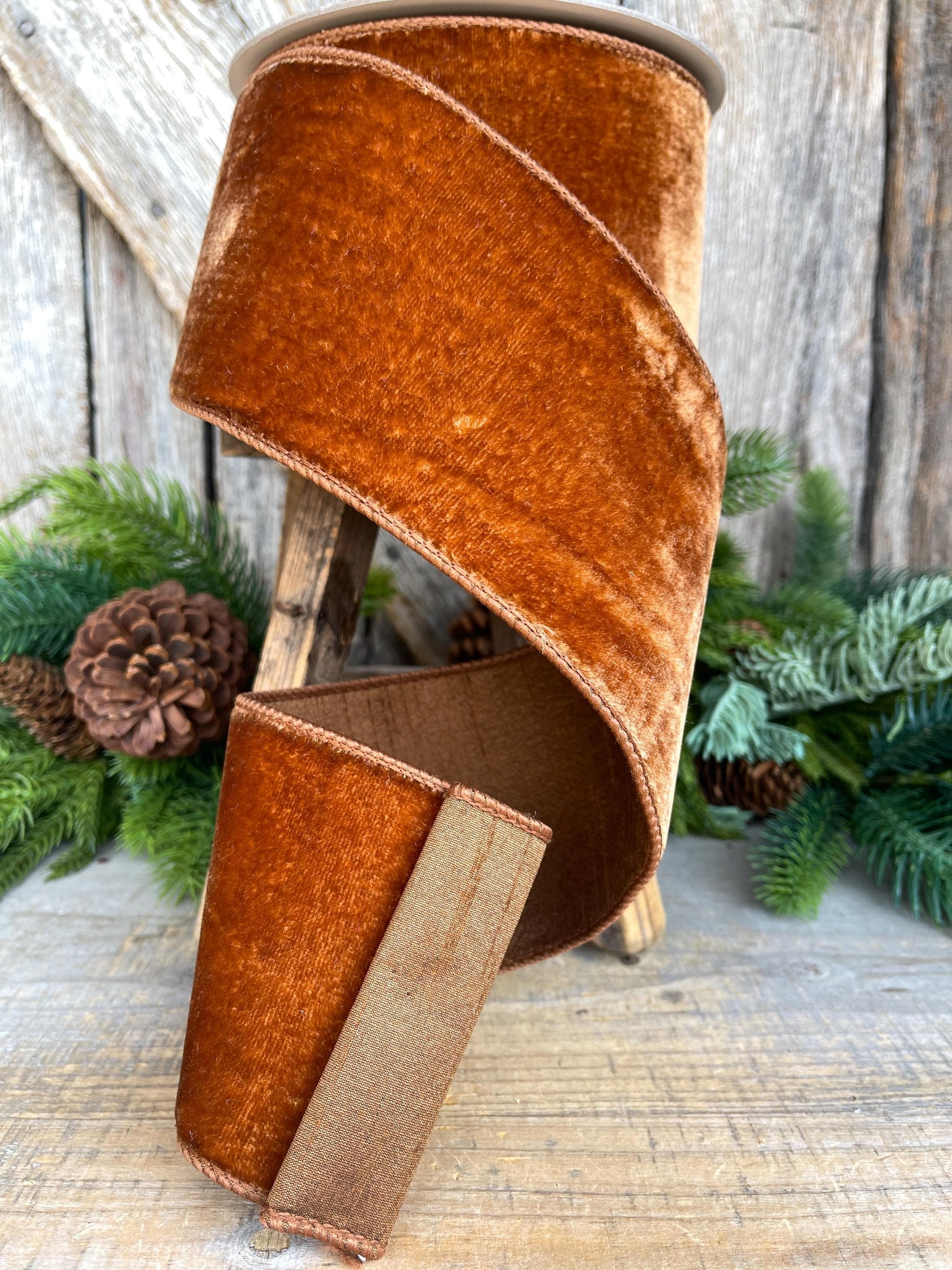 4” Pecan Brown Velvet Ribbon, Farrisilk ribbon, Velvet ribbon, Christmas Ribbon, Wired Ribbon, wood ribbon, Velvet ribbon, Christmas tree