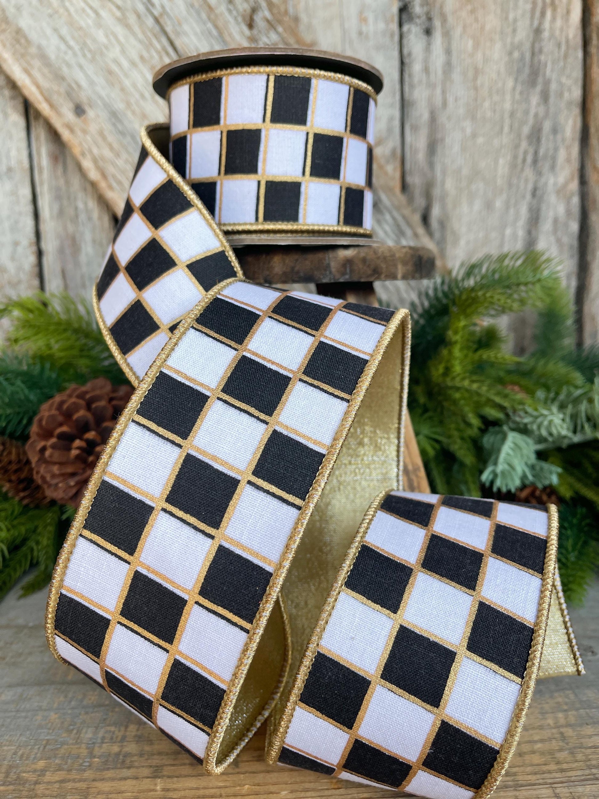 2.5" Black and White Check Ribbon, Christmas Ribbon