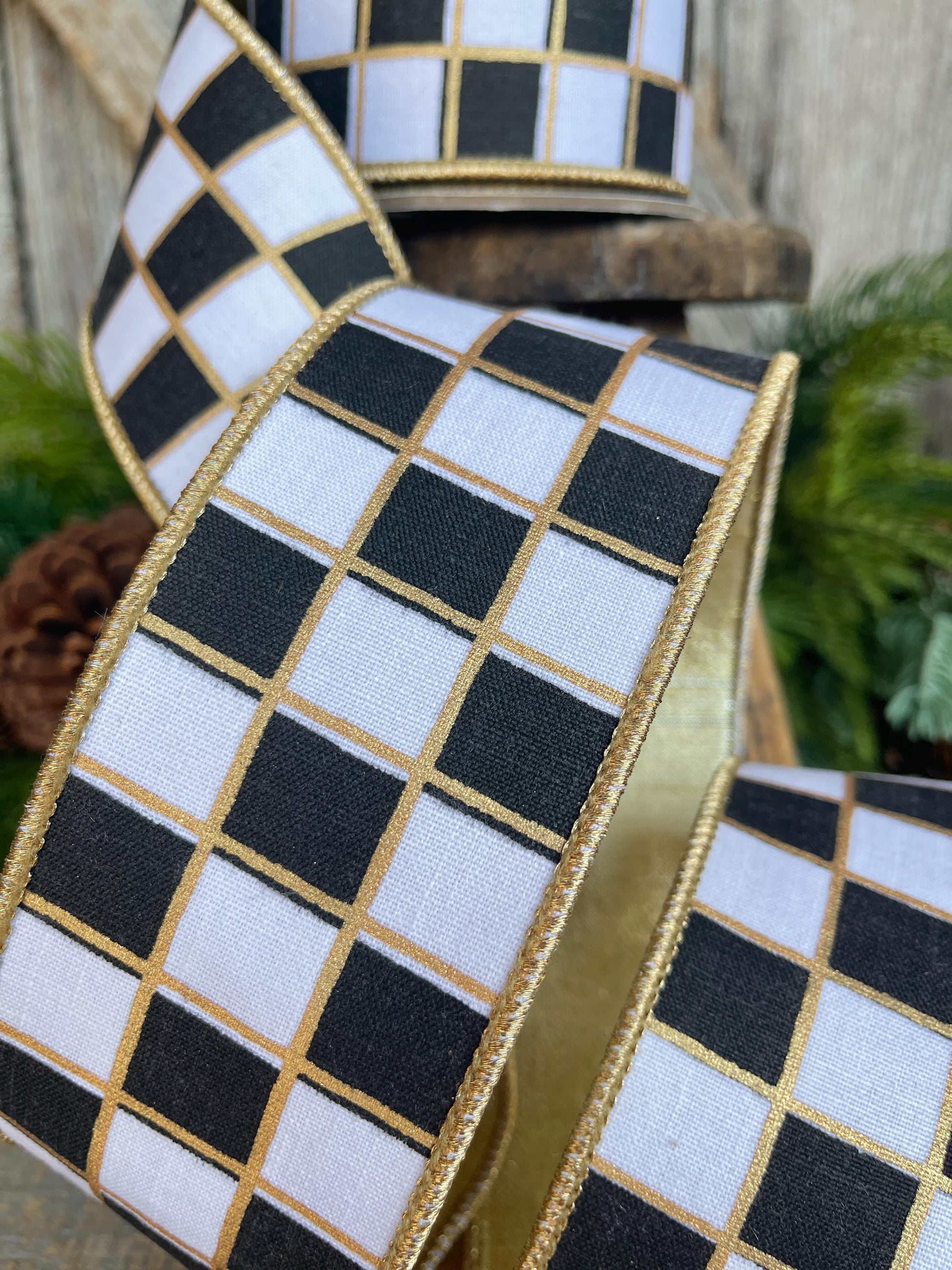 2.5" Black and White Check Ribbon, Christmas Ribbon