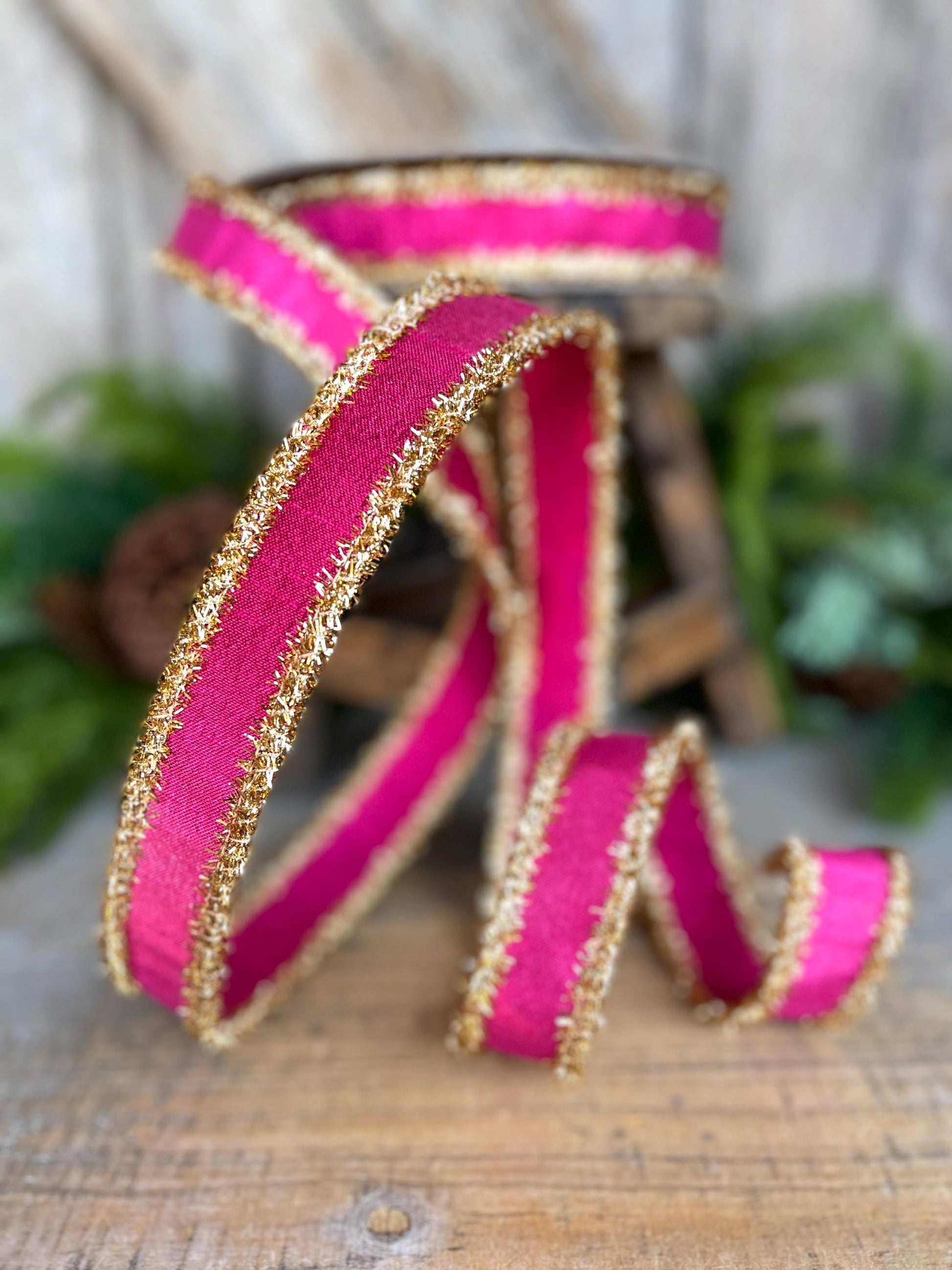 1" Hot Pink & Gold Ribbon, Christmas Ribbon, Farrisilk ribbon, 1" x 10 yards, RK790-15, RK790-15