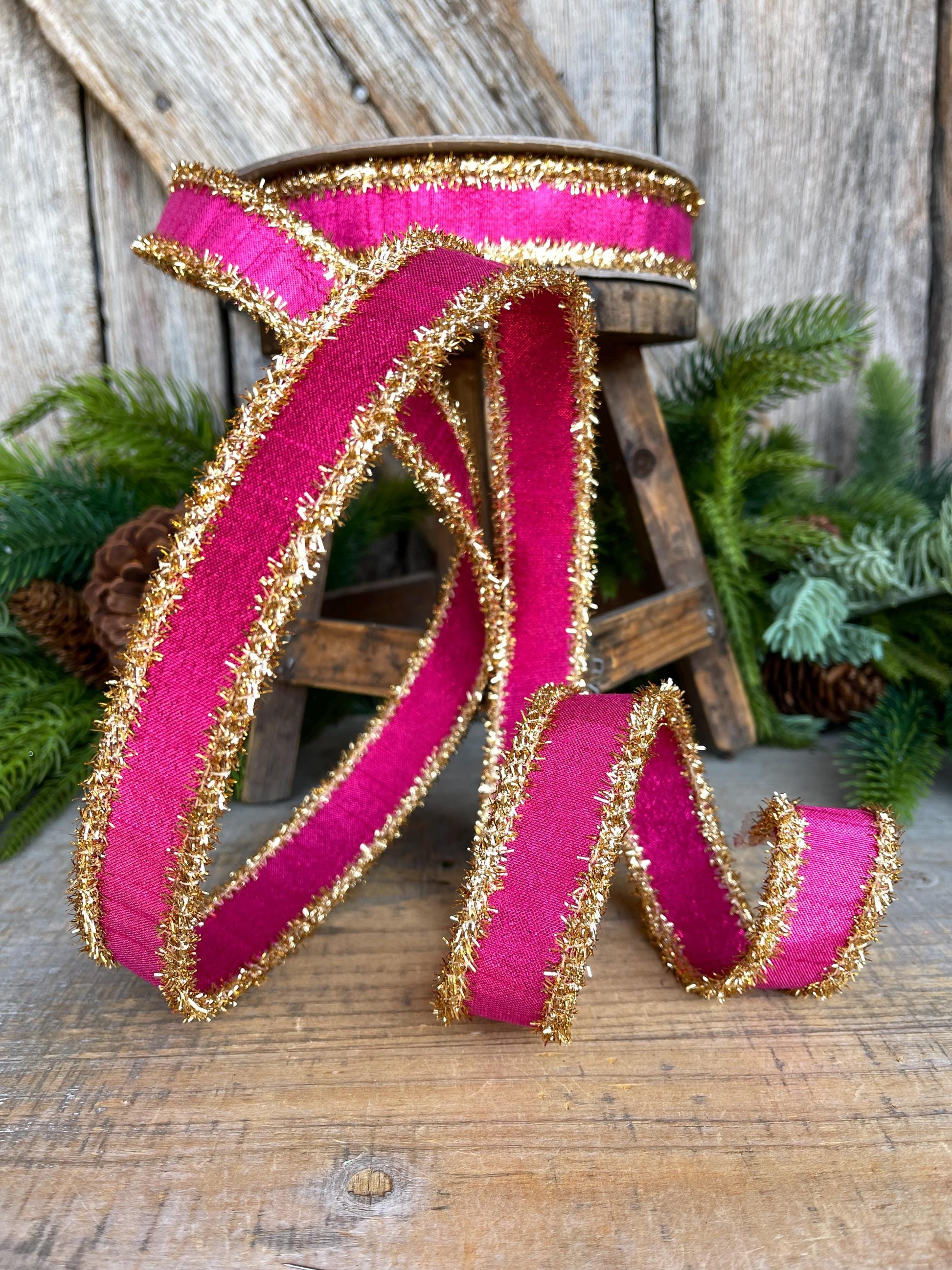 1" Hot Pink & Gold Ribbon, Christmas Ribbon, Farrisilk ribbon, 1" x 10 yards, RK790-15, RK790-15
