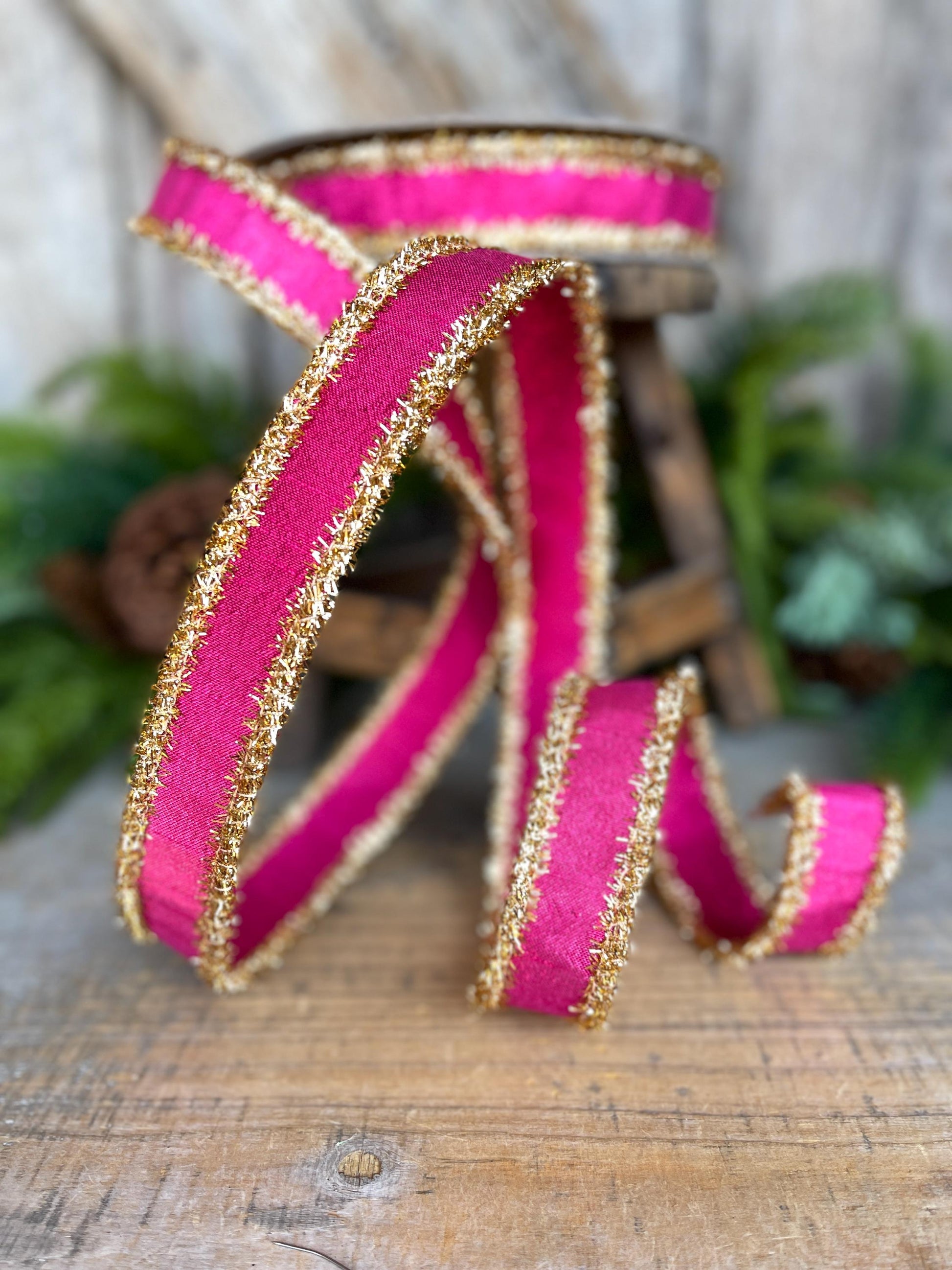 1" Hot Pink & Gold Ribbon, Christmas Ribbon, Farrisilk ribbon, 1" x 10 yards, RK790-15, RK790-15