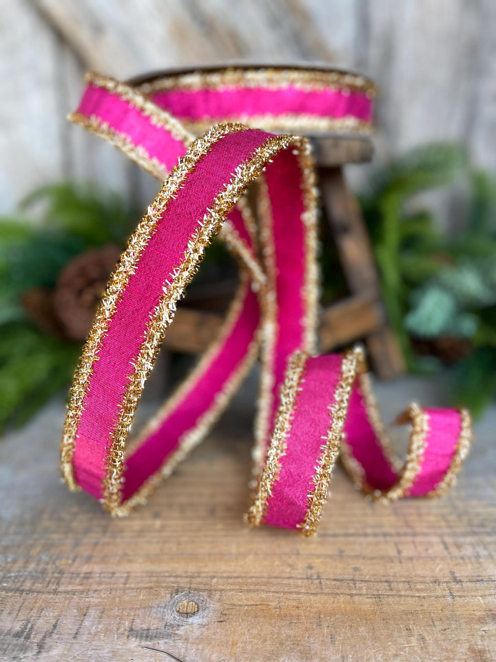 1" Hot Pink &amp; Gold Ribbon, Christmas Ribbon, Farrisilk ribbon