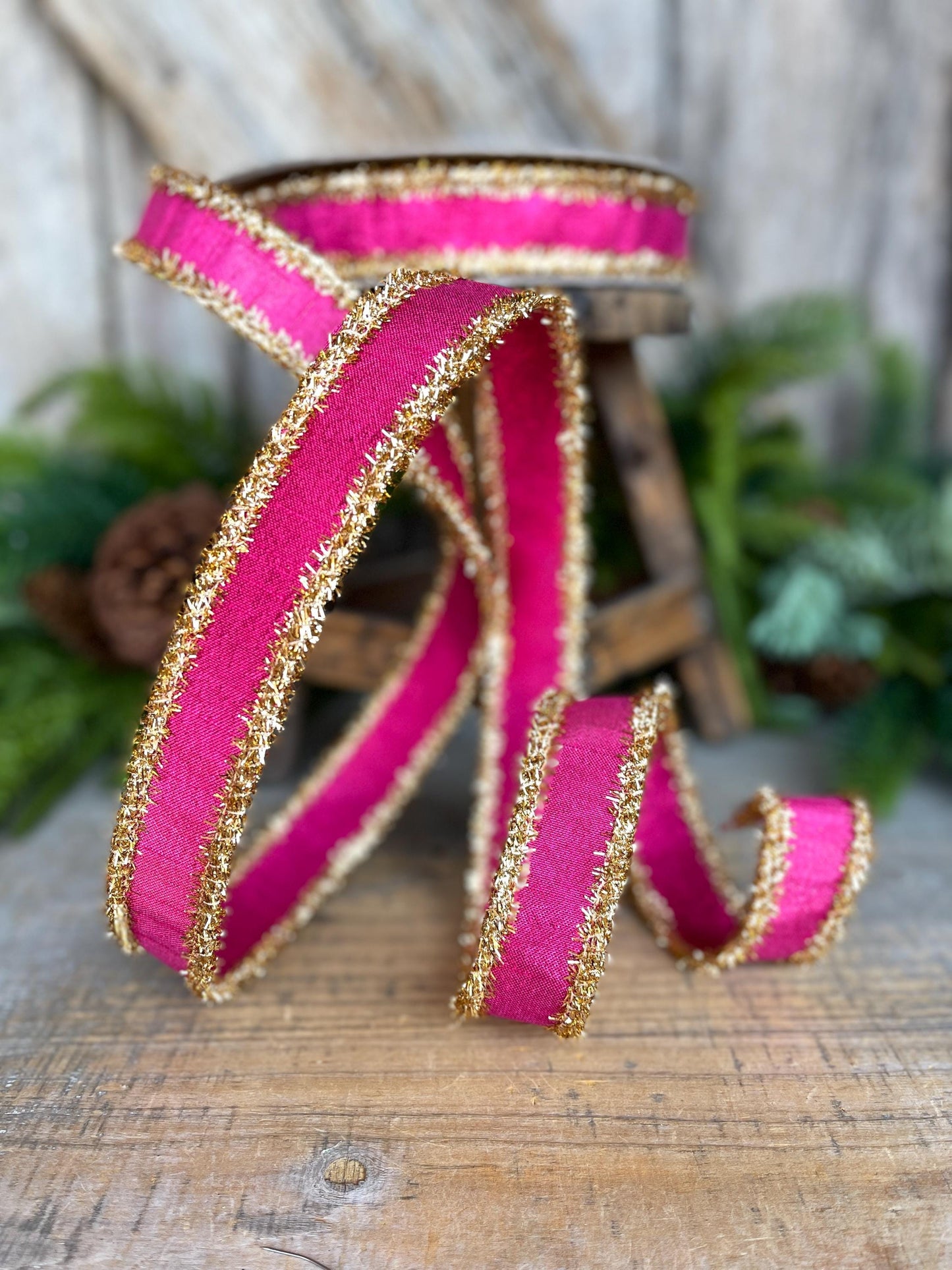 1" Hot Pink & Gold Ribbon, Christmas Ribbon, Farrisilk ribbon, 1" x 10 yards, RK790-15, RK790-15