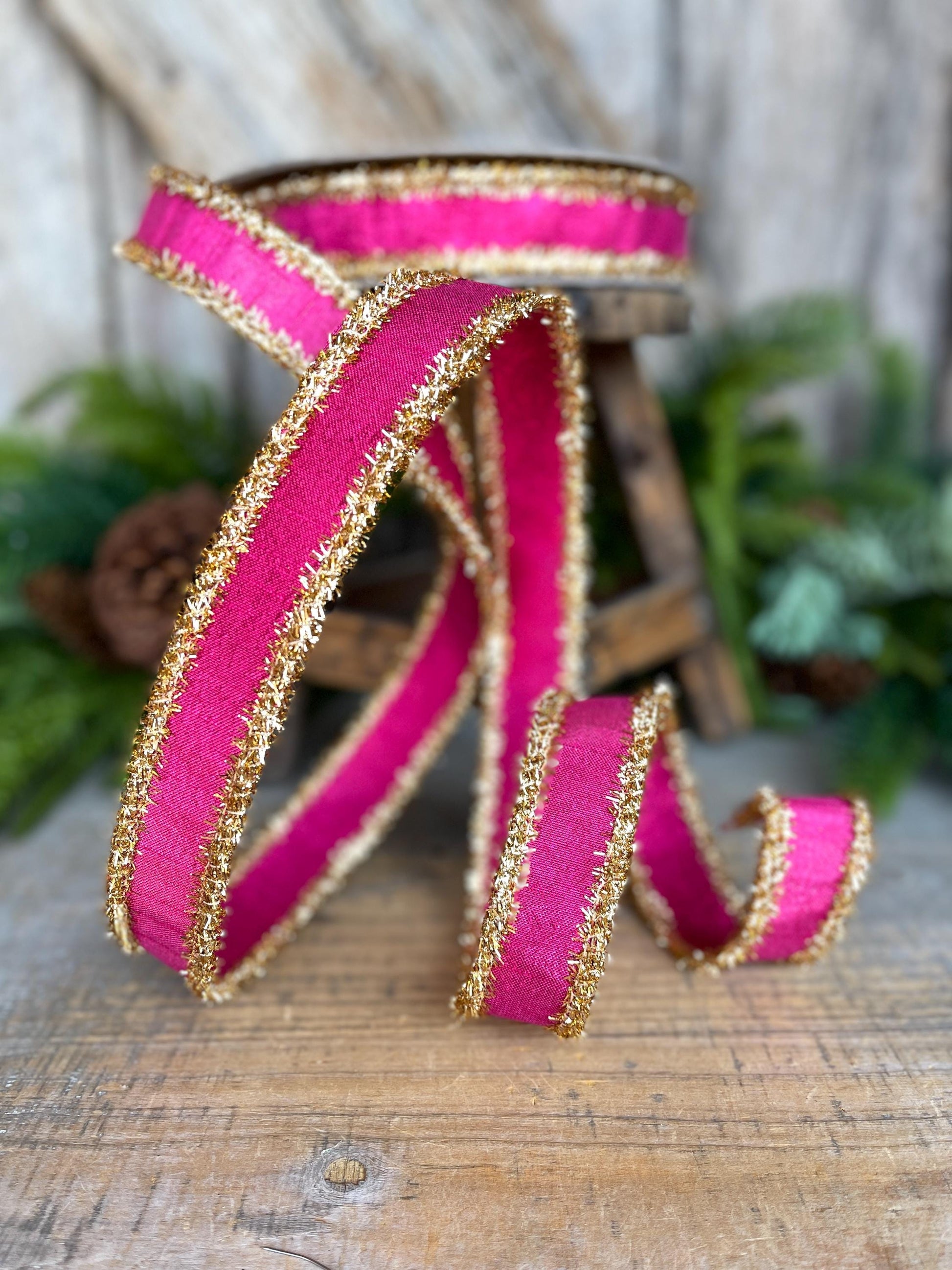 1" Hot Pink & Gold Ribbon, Christmas Ribbon, Farrisilk ribbon, 1" x 10 yards, RK790-15, RK790-15